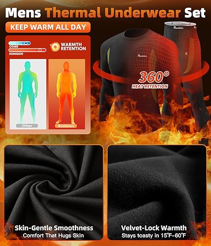 Miniatura 4 de romision 2 Pack Thermal Underwear for Men Long Johns Fleece Lined Hunting Gear Bottom Top Set Base Layer Cold Weather XS-4XL