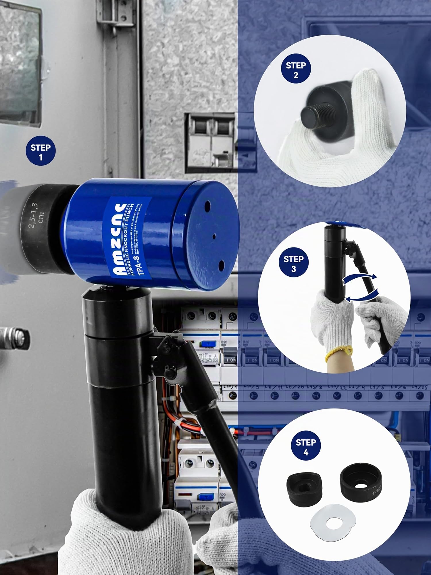 AMZCNC Kit de perforation hydraulique Kit de barre de trou knockout 8t, pompe manuelle outil de trou d'acier avec 6 matrices de poinçonnage 16 mm, 20 mm, 26,2 mm, 32,6 mm, 39 mm, 51 mm, perforation
