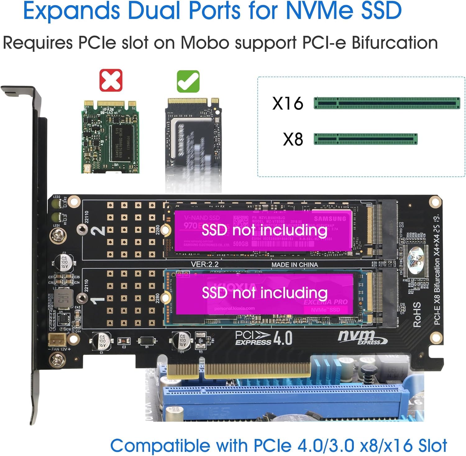 RIITOP Scheda adattatore Dual NVMe a PCIe X8 X16, 2 x 32 Gbps Full Speed, M Key M.2 SSD Reader (PCIE Bifurcation)