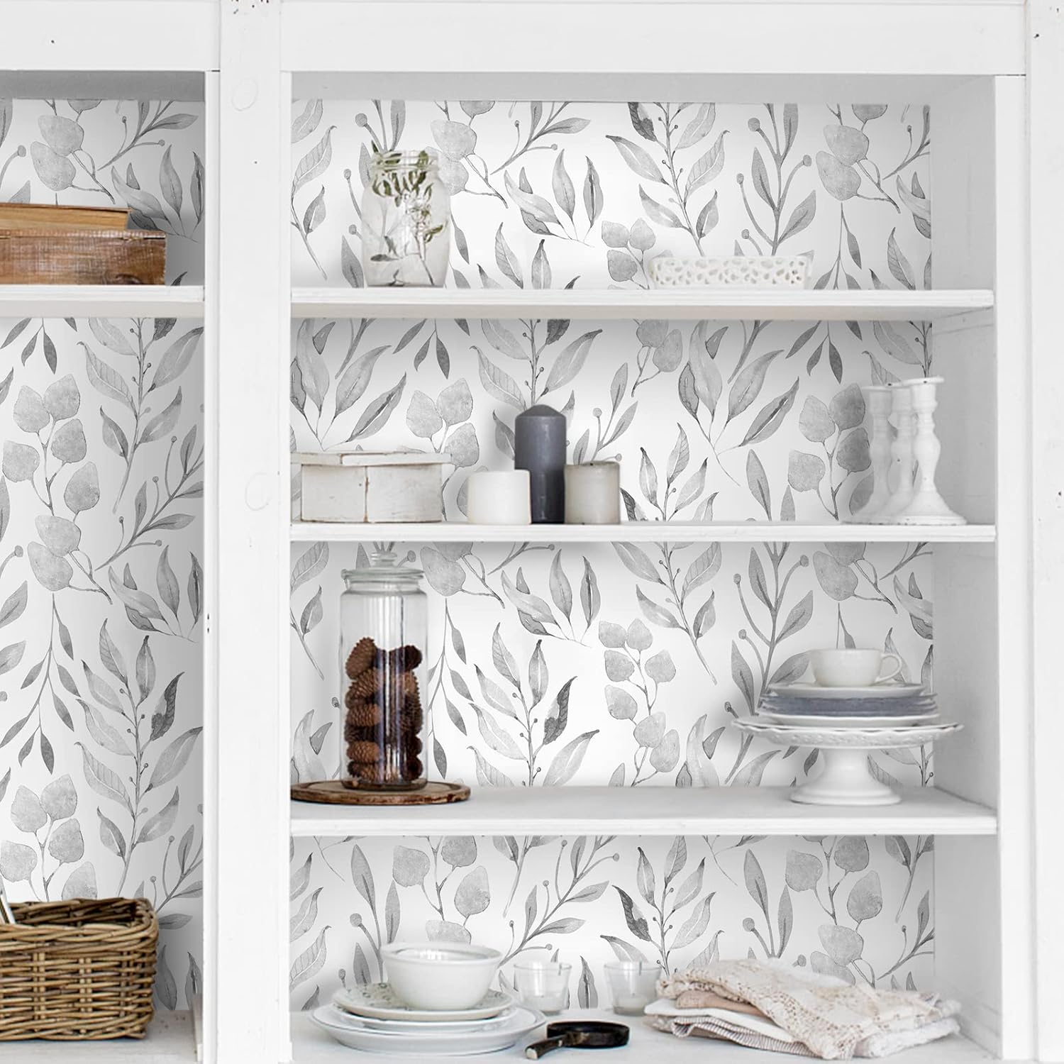 WENMER Gray Leaf Peel and Stick Wallpaper - 17.7" x 394" Self-Adhesive Watercolor Leaves Peel and Stick Removable Floral Contact Paper for Cabinets and Wall Decor