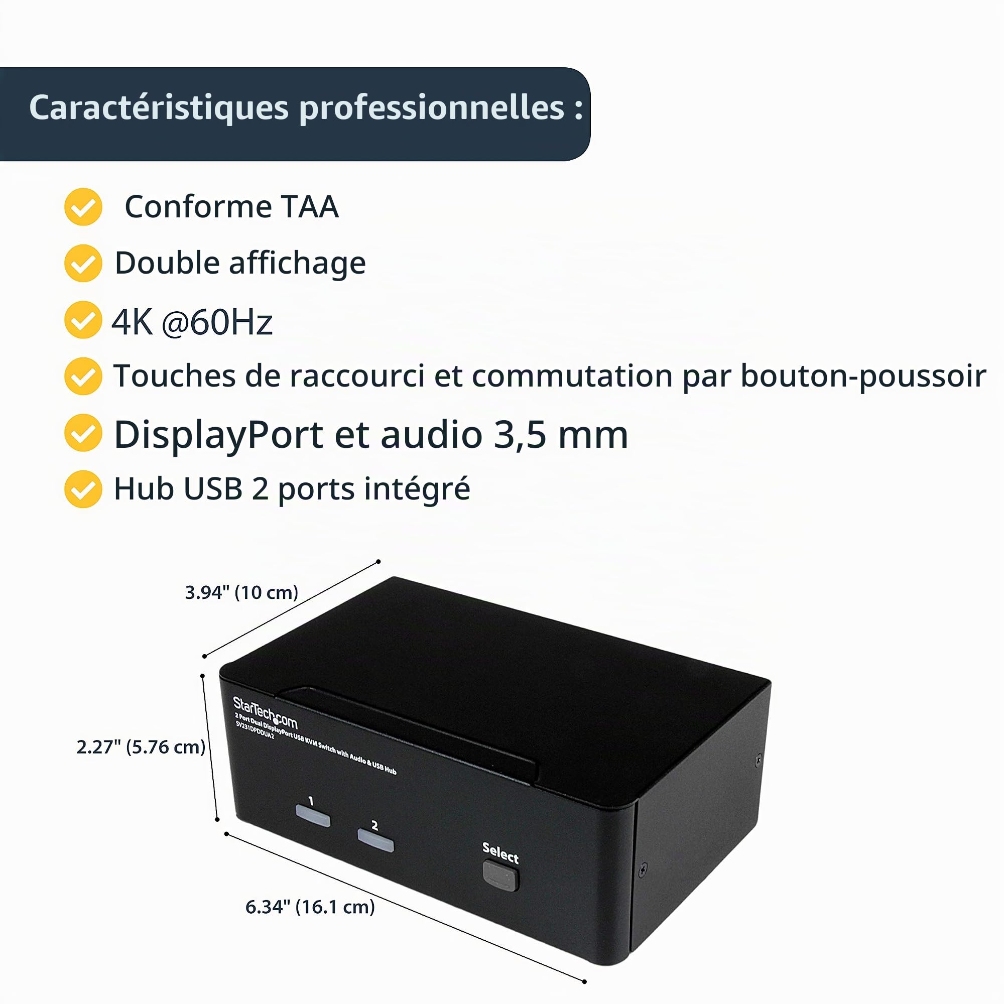 StarTech Switch KVM DisplayPort 2 Ports Double Écran, 4K 60Hz, DP 1.2