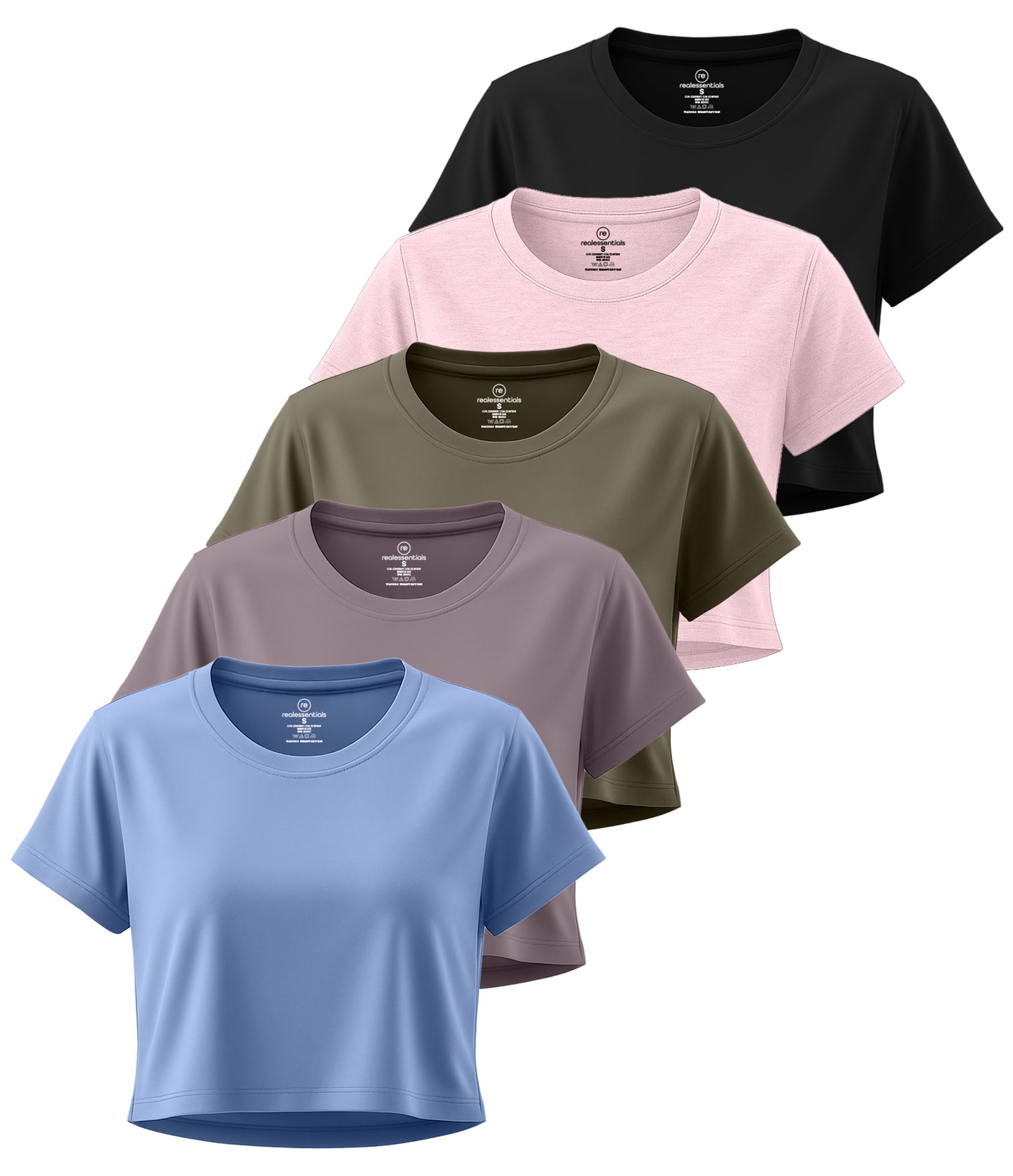 Real Essentials 5 Pack: Women's Dry-Fit Crop Top Short Sleeve Shirts Workout Gym Cropped Athletic Tee (Available in Plus)