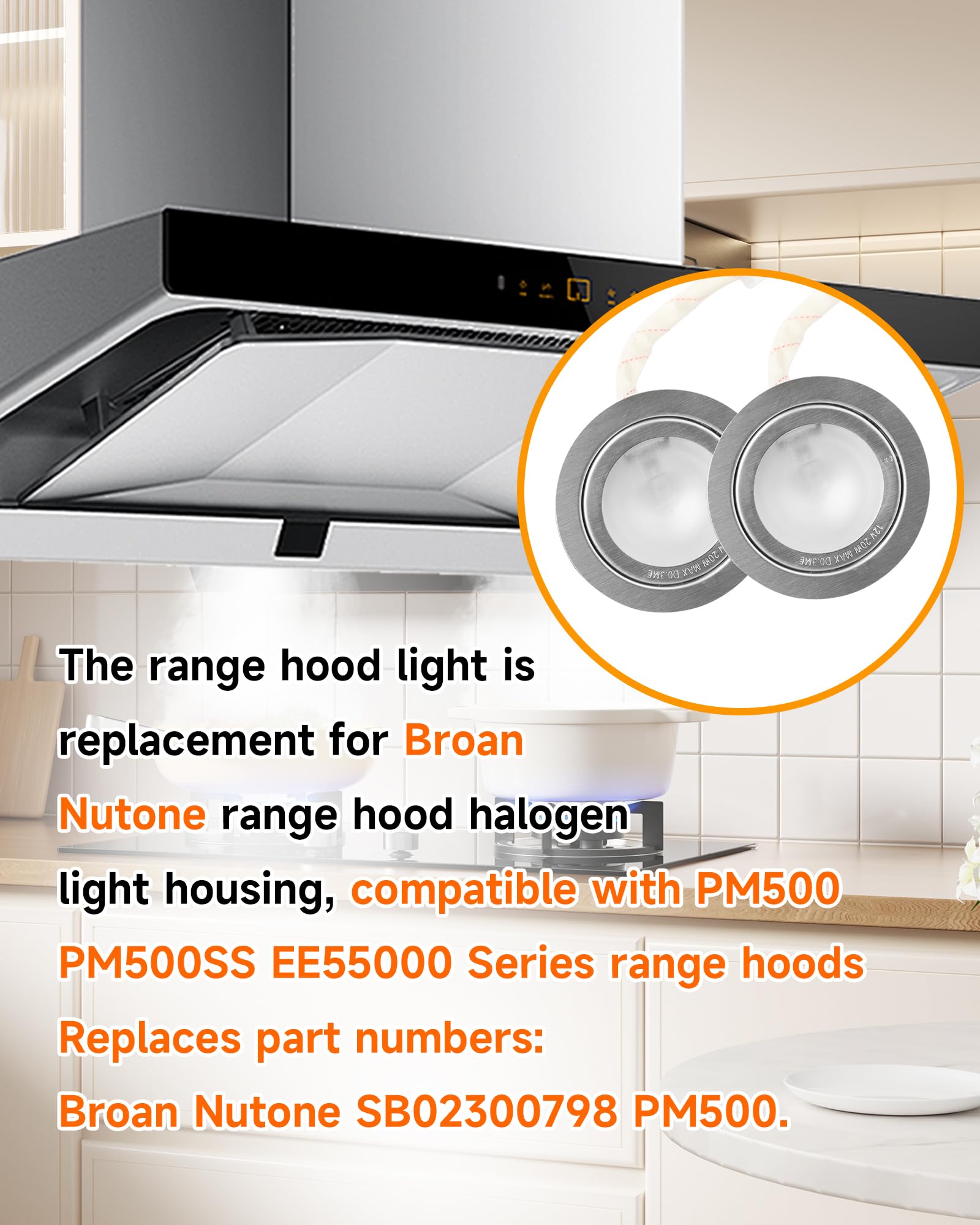 Carcasa de luz de campana extractora que sustituye a SB02300798, bombillas LED para capó compatibles con Broan Nutone PM500 PM500SS EE55000, montaje de lámpara halógena, cubierta de vidrio resistente 3