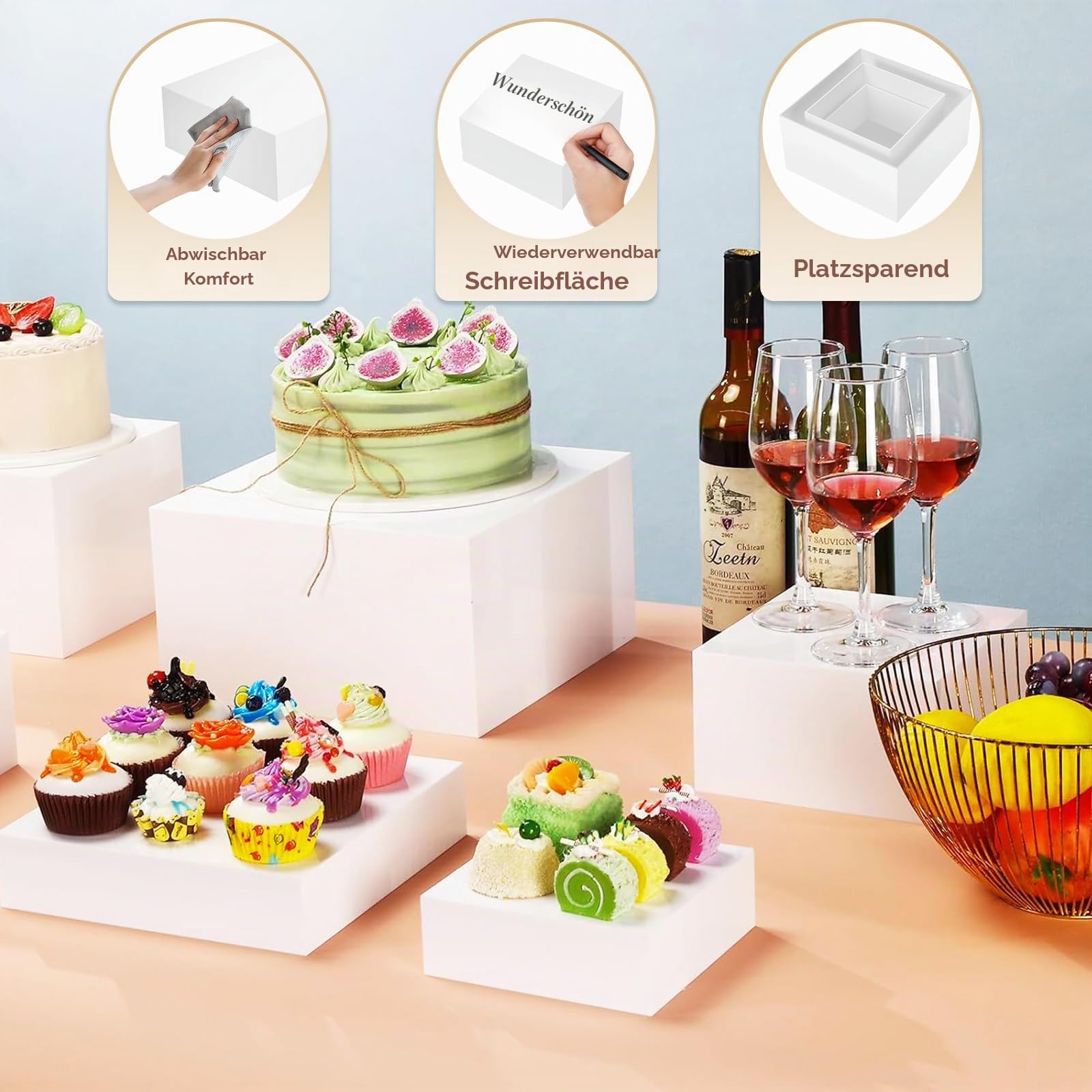 Buffet Riser Ständer, 6 Stück Weiße Display Acryl Riser Ständer mit Hohlen Böden 3" 4" 5" 6" 7" 8" Dessertständer & Food Display Ständer für Kuchen, Desserts, Schmuck, Hochzeit & Party Deko
