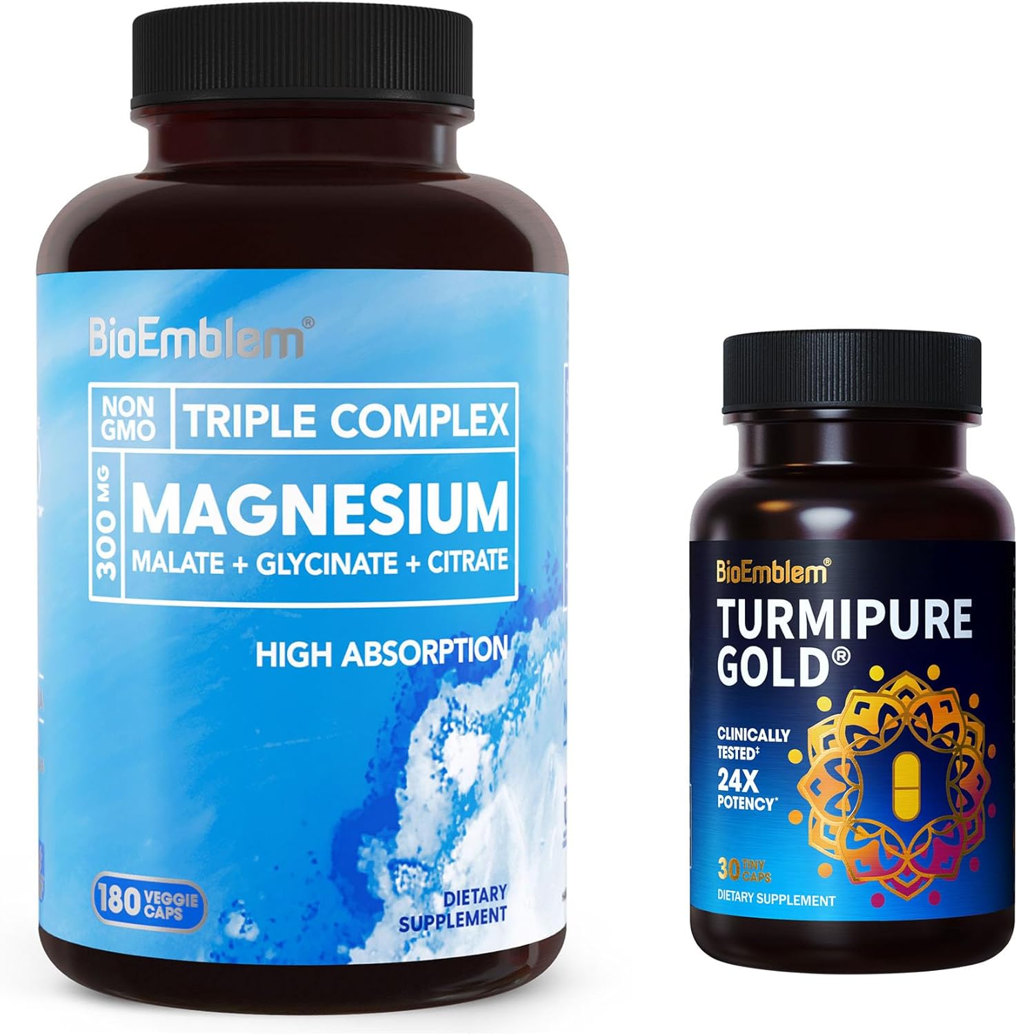 BioEmblem Triple Magnesium Complex & Turmeric Curcumin with Clinically Studied TurmiPure for Healthy Muscle and Nerve Function, Vegan, Non-GMO