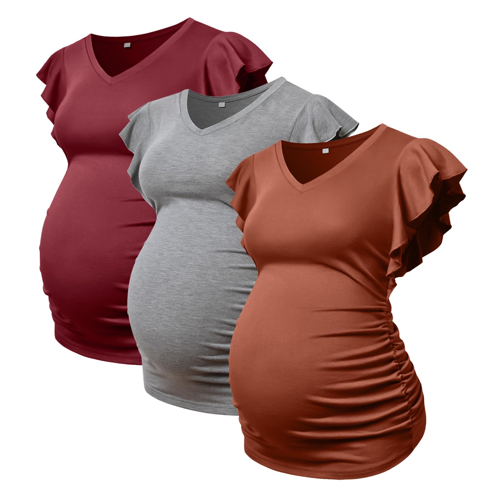 T-Shirt für Schwangerschaft, V-Ausschnitt, kurze Ärmel, stilvolles T-Shirt, seitlich gerüscht, Oberteil