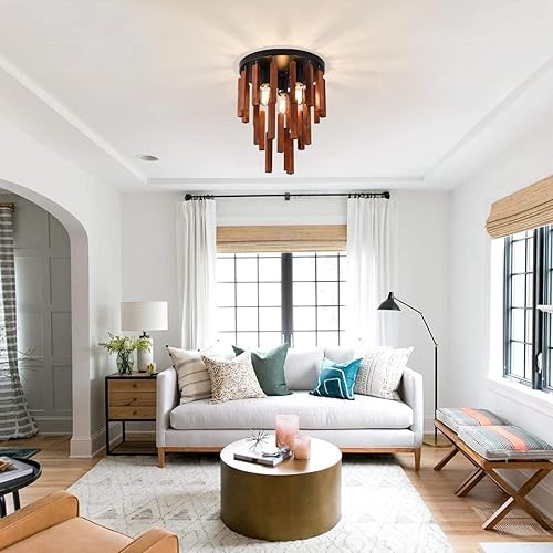 Miniatura 8 de Lámpara de techo de montaje empotrado de granja, tira de madera rústica de 3 luces cerca del techo, iluminación de techo retro vintage de roble rojo