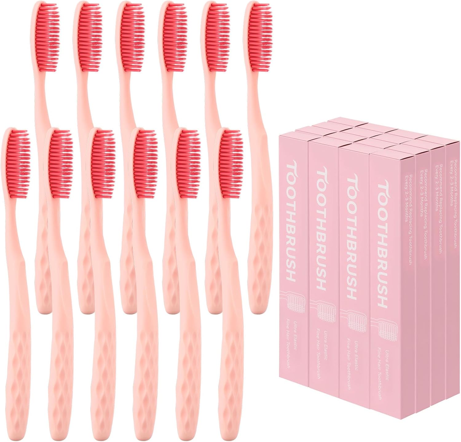 FoldTier 12 Pcs Soft Toothbrush for Adults, Long Bristled Pink