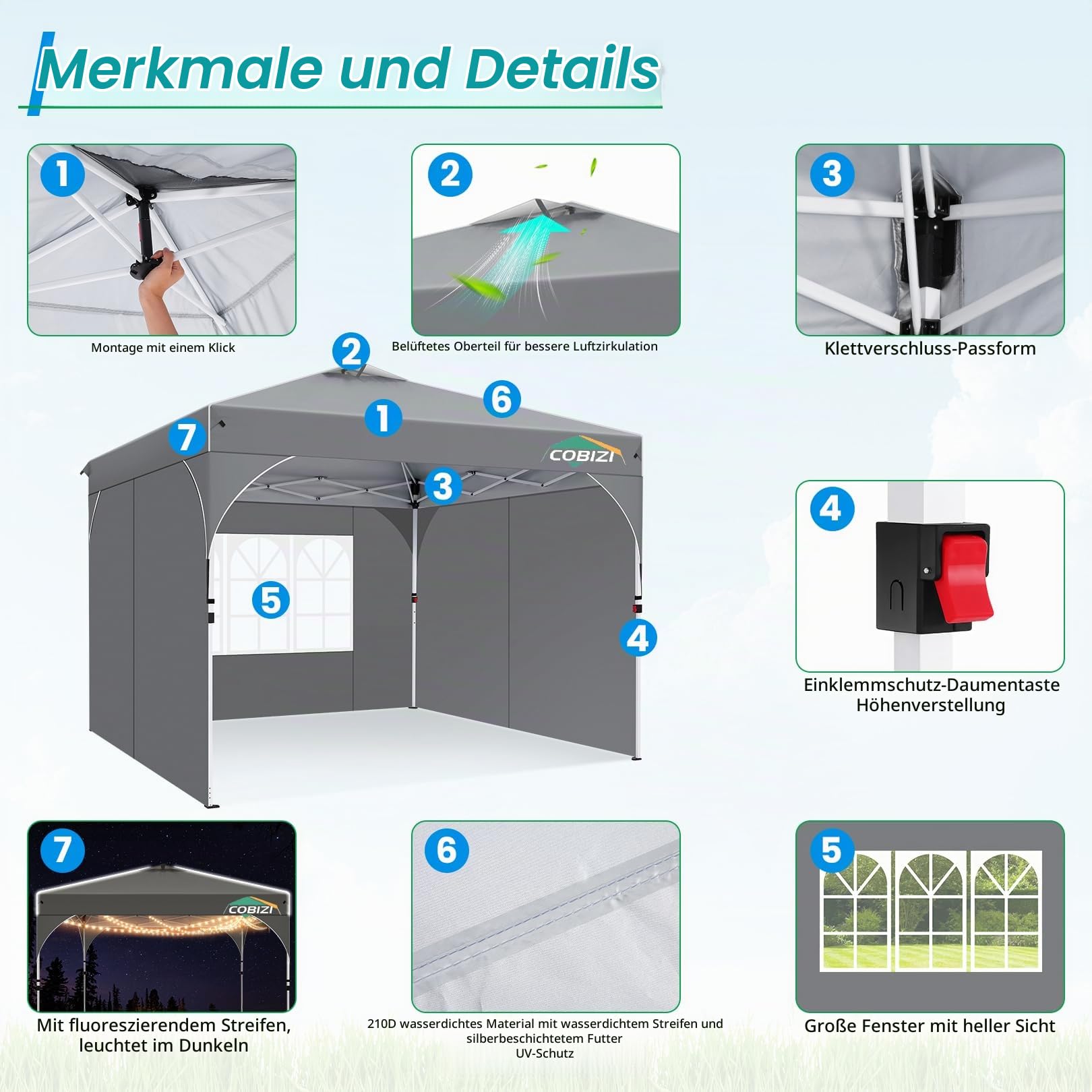 TOOLUCK Pavillon 3x3 Wasserdicht Stabil Winterfest Faltpavillon Gartenpavillon Partyzelt Pop Up Pavillon Klappbar UV Schutz 50+ Höhenverstellbar mit Entlüftung & 3 Stoffstücken&4 Sandsäcke， Grau