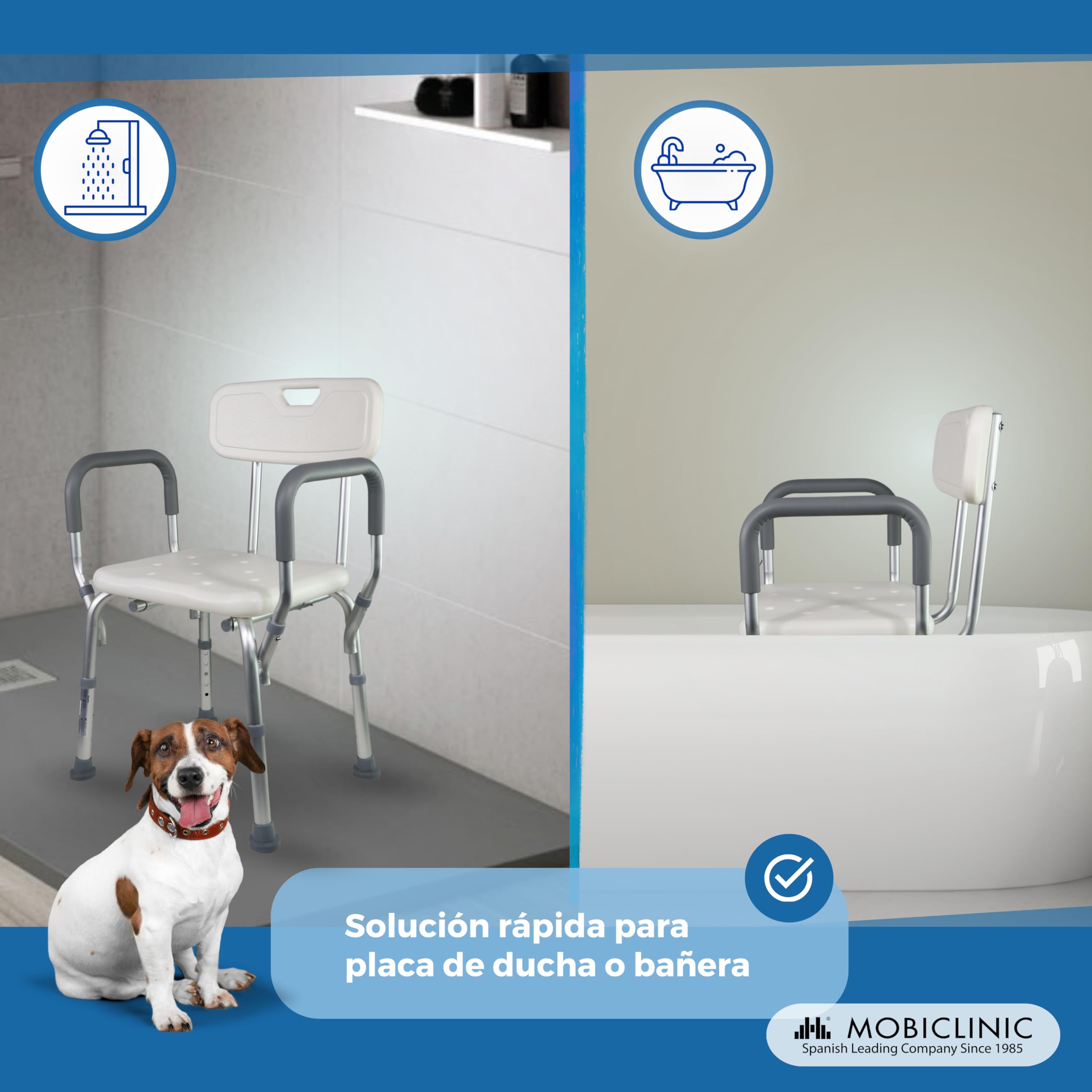 Mobiclinic, Silla de Ducha con Respaldo, Baño, para Adultos, Puerto, Marca española, Ortopédica, Antideslizante, Altura Regulable, Ayuda Ancianos y discapacitados, WC, Ergonómica
