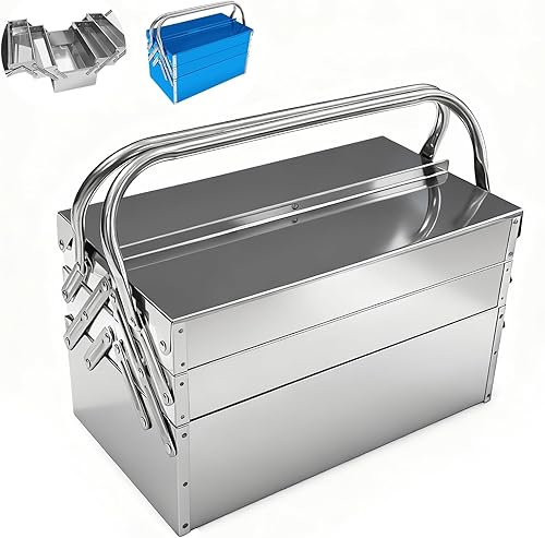 Miniatura 8 de Caja de Herramientas Cantilever de Metal, Caja de Herramientas de Acero Plegable de 3 Niveles 5 Bandejas con Asa, Caja de Almacenamiento de