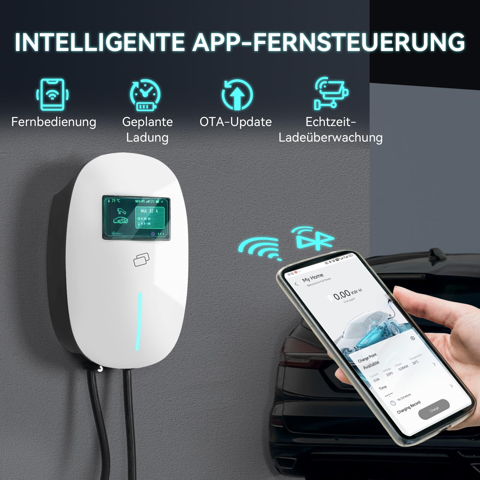 Fullwatt Wallbox 22kW mit APP und RFID, 3-Phasig für Alle EVs und PHEVs | EV Ladegerät Typ 2 7M 400V 6-16A mit LCD und Ladegerätehalter, Geplante Ladung IP54, Weiß