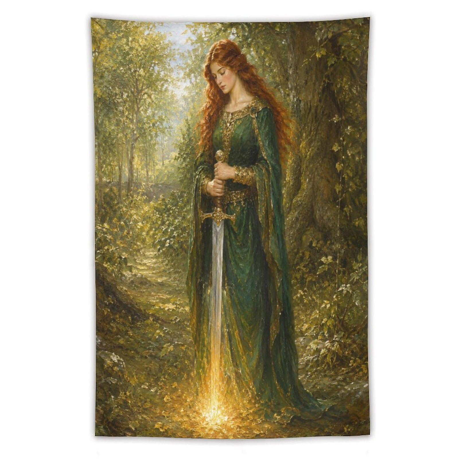 H3B8U2Y5 Woman with Glowing Sword Wall Tapestry, Surrealist Style, Bed