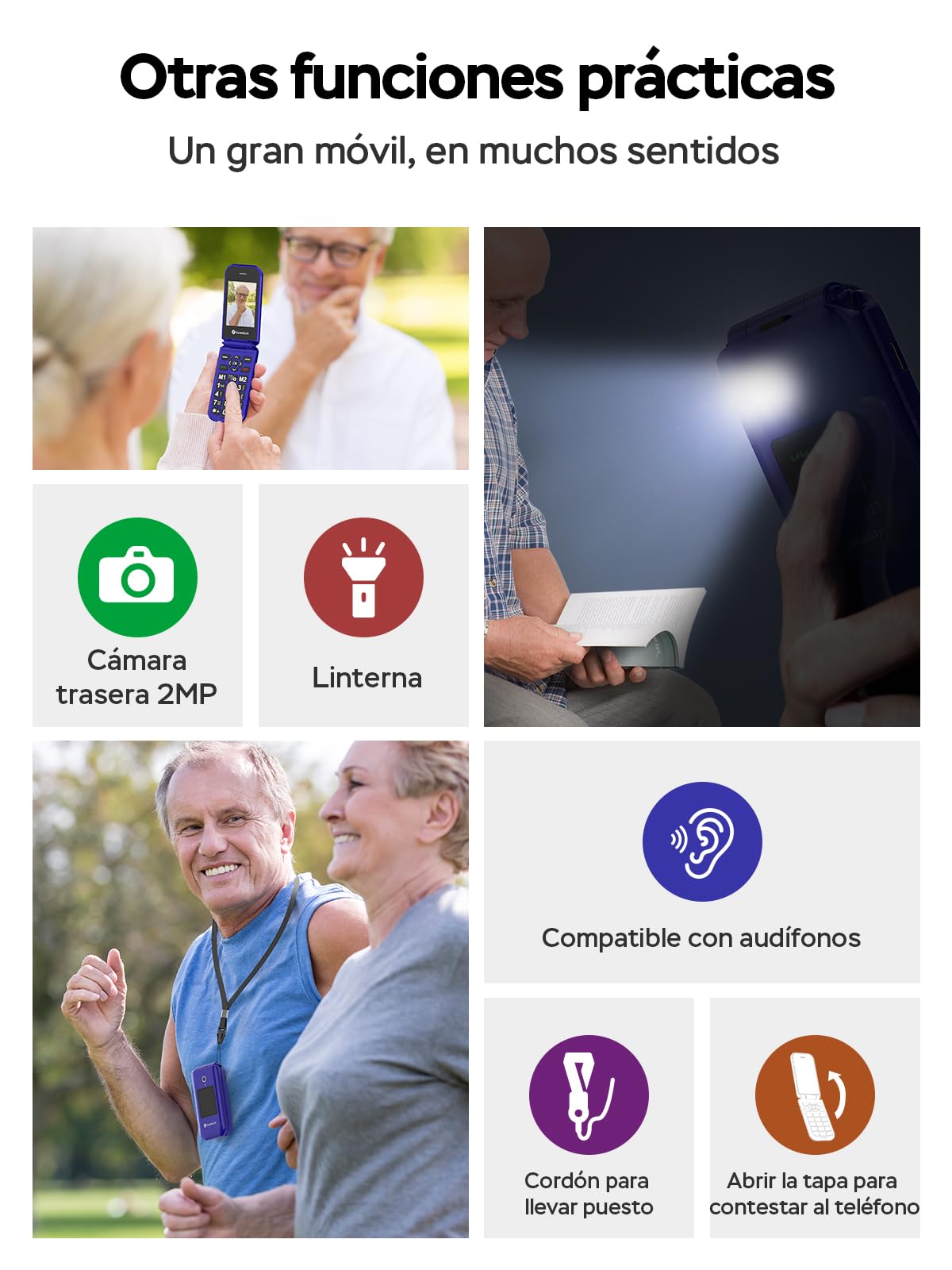 SweetLink F4 Plus 4G - Teléfono Móvil para Personas Mayores con Tapa, Teclas Grandes y Pantalla de 2,8”, Batería 1400mAh, Botón SOS, Contacto con Foto, Base de Carga USB-C, Doble Nano SIM, Azul