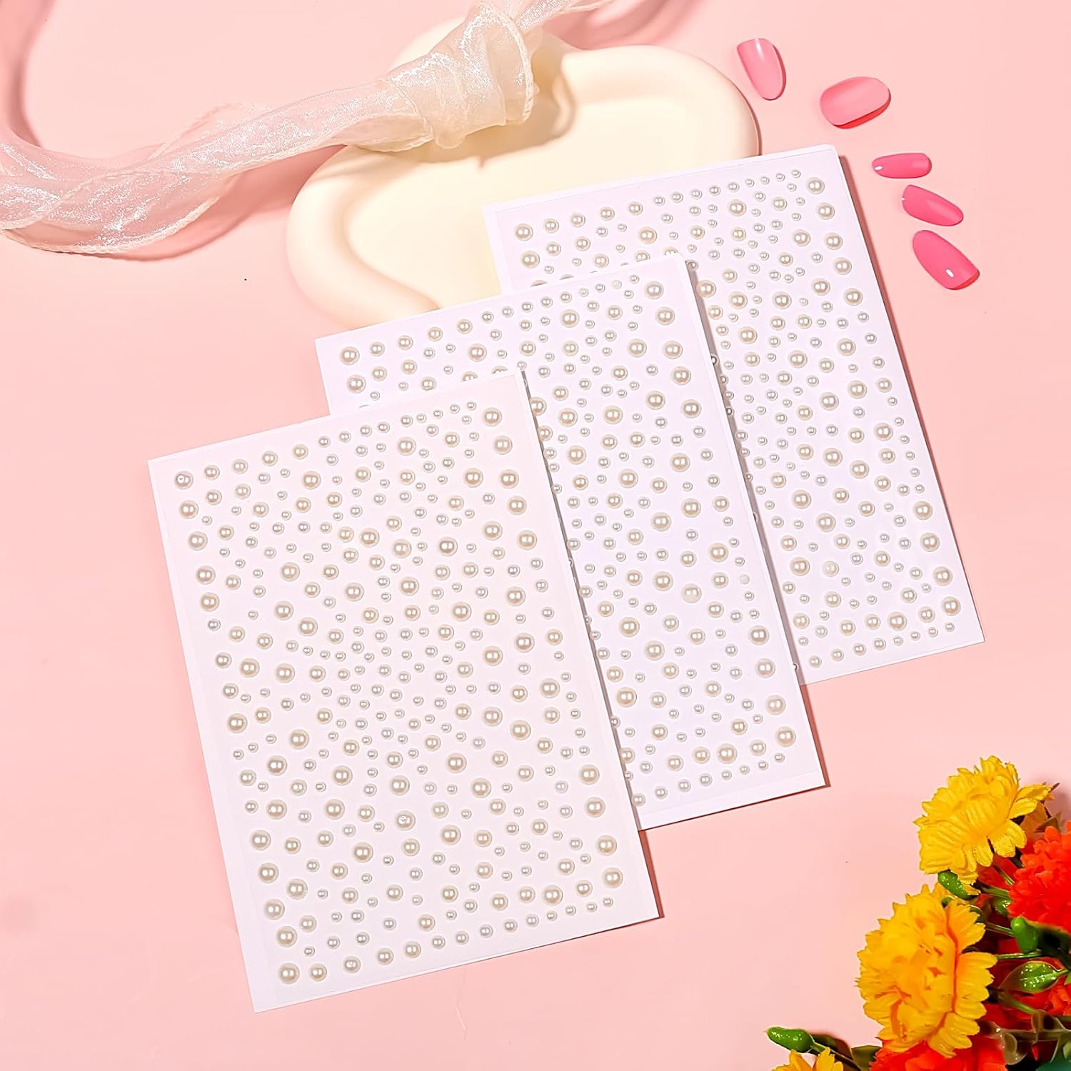325 Pcs White Beige Pearls Self Adhesive Face Gems 3-6mm Hair Pearl Stickers Bling Rhinestone Gems Stickers Embellishment Sticker for Hair Face Eye Nail Art Makeup Scrap Booking and Crafts