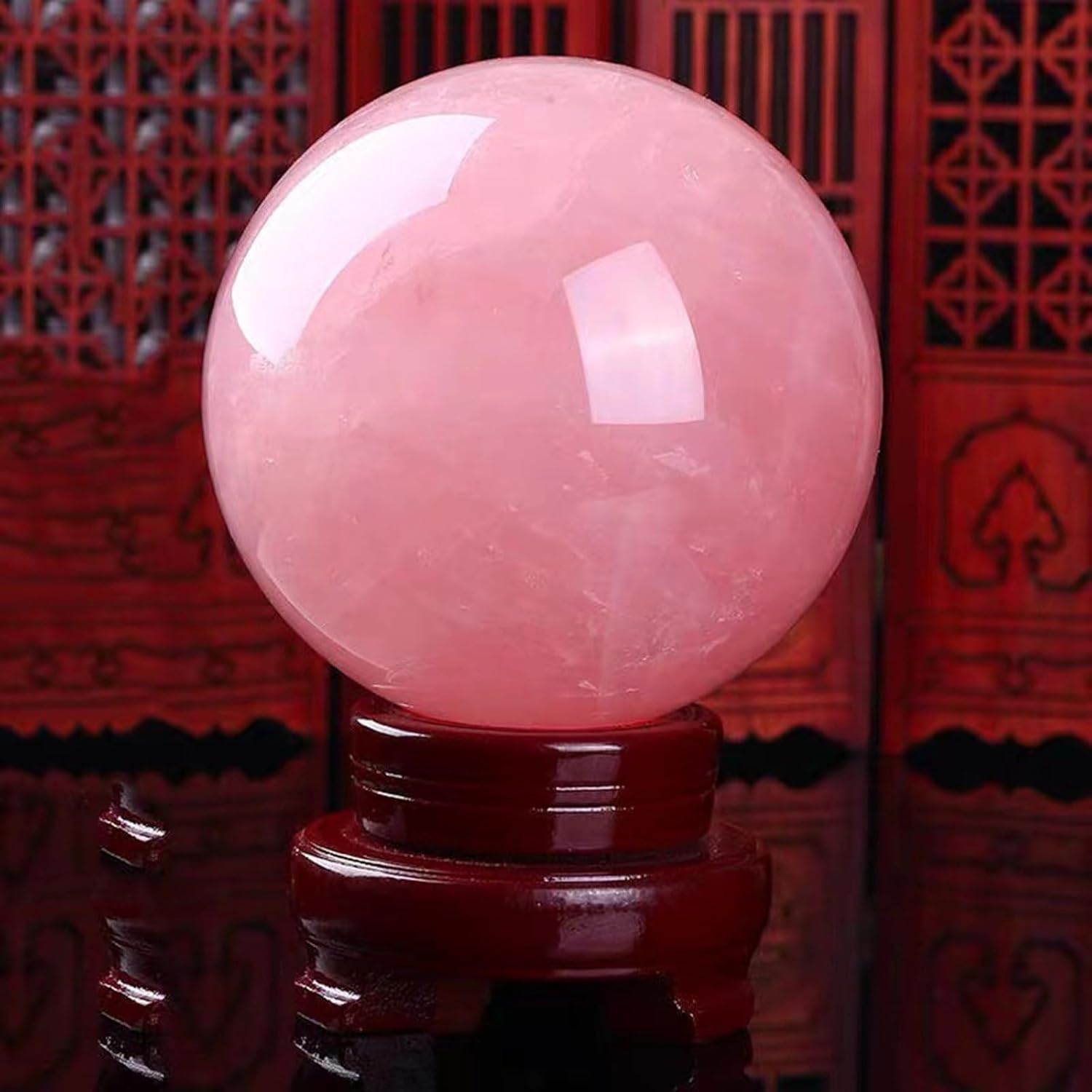Beautiful Rose Quartz Crystal Ball Polished Gemstone with Wood Stand, Home Decoration Divination Sphere Crystal Feng Shui Crafts,15cm/5.9in