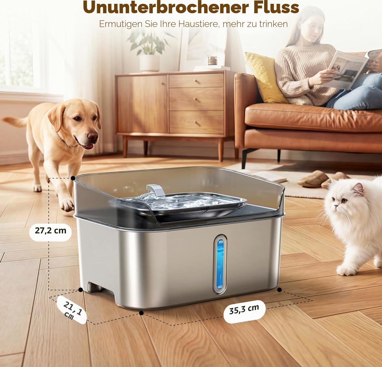 Kein Spill Hund Wasserbrunnen Edelstahl für große Hunde, 8L / 2.1Gal Ultra Ruhige Haustier Wasserbrunnen für Katzen Hunde Indoor, automatische Hund Wasserschale Spender