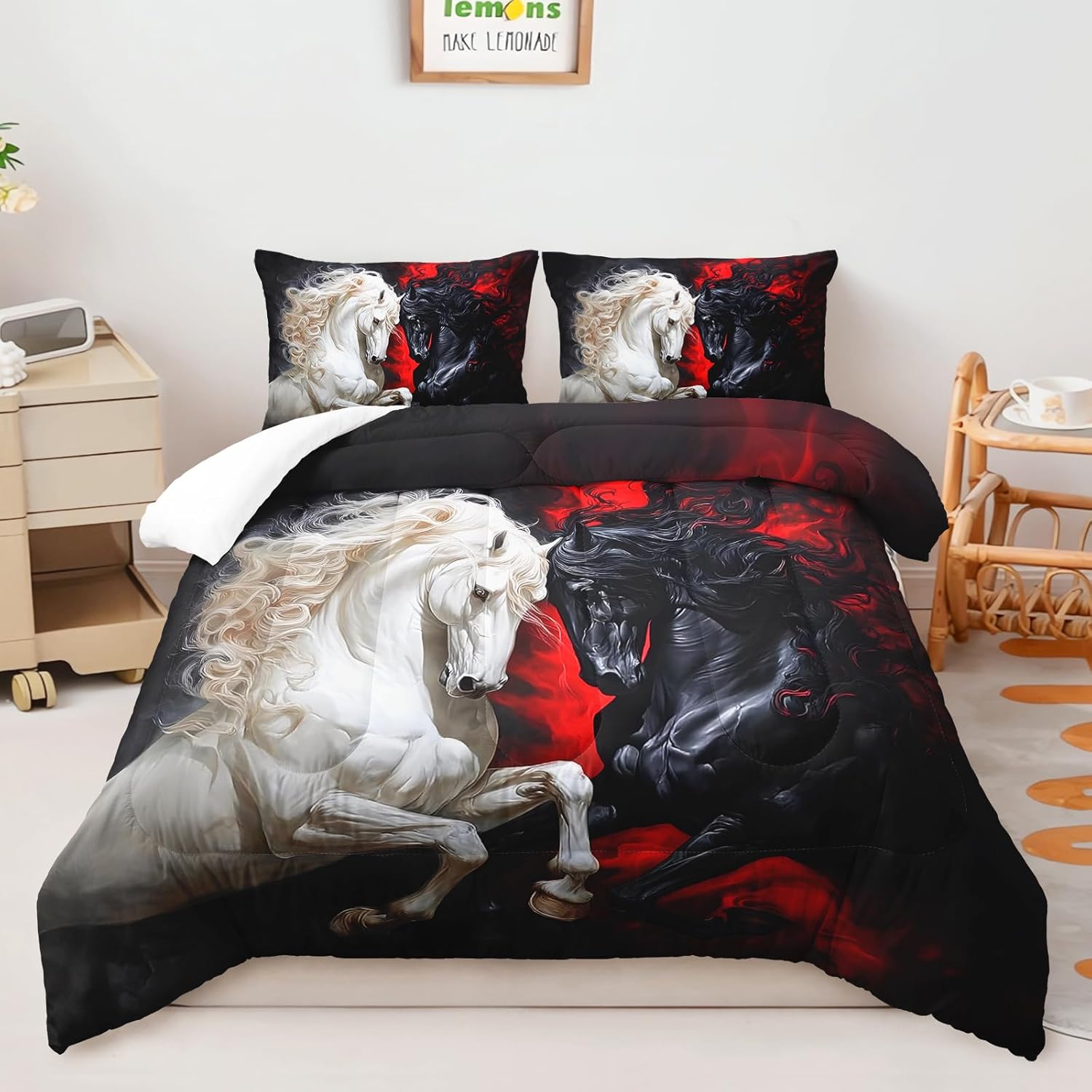 AILONEN White & Black Horse Bedding Set Queen Size,Wild Mustang & Red Flame Comforter with 2 Pillowcases,Western Animal Quilt Set for Bedroom Decor,3-Piece