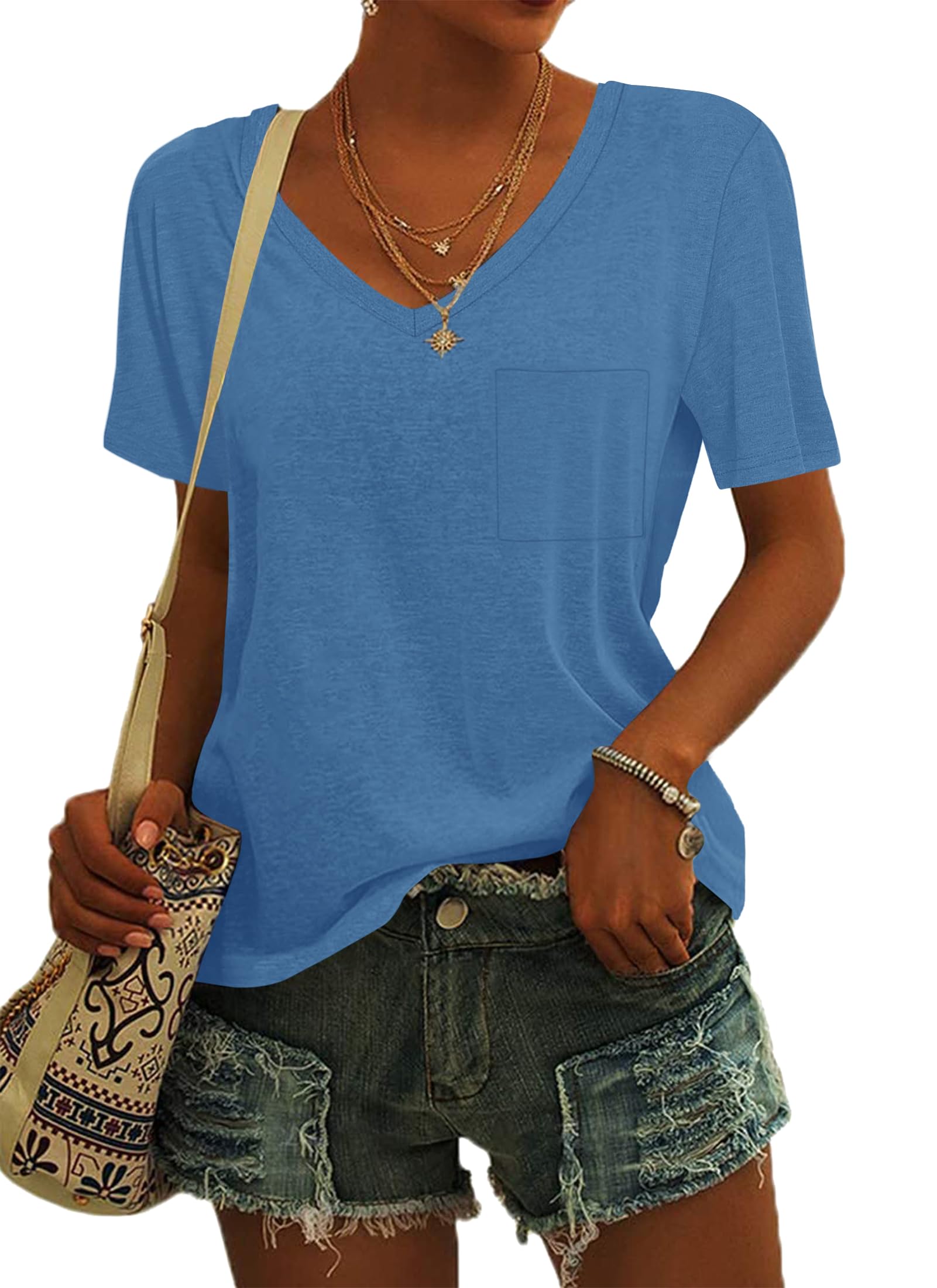 MOLERANI Damen T-Shirts Kurzarm V-Ausschnitt Lose Sommer T-Shirts Basic Tunika Tops mit Tasche