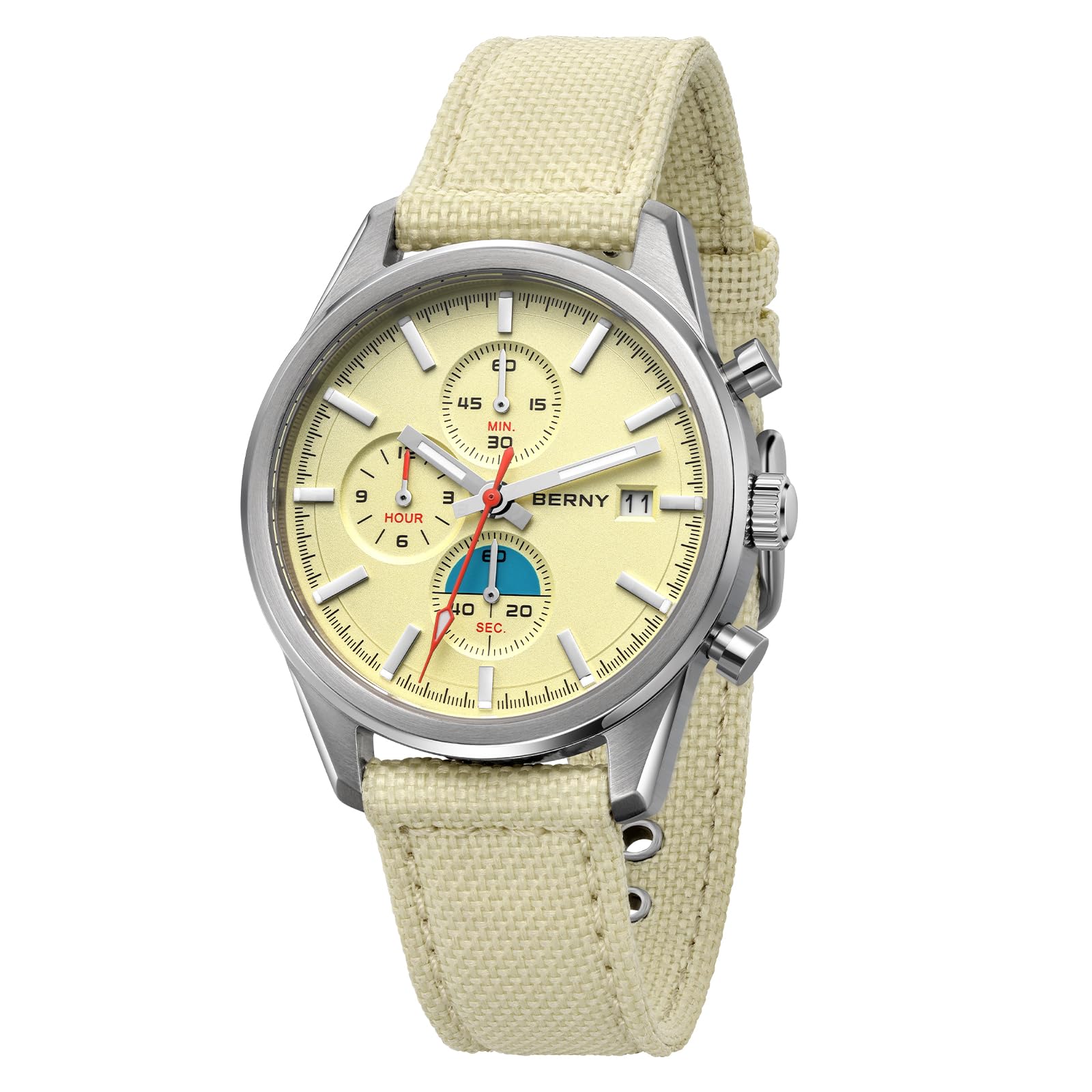 BERNY Reloj cronógrafo para hombre, resistente al agua hasta 50 m, reloj de cuarzo analógico masculino, reloj de pulsera multifunción, cronómetro AR cristal de zafiro