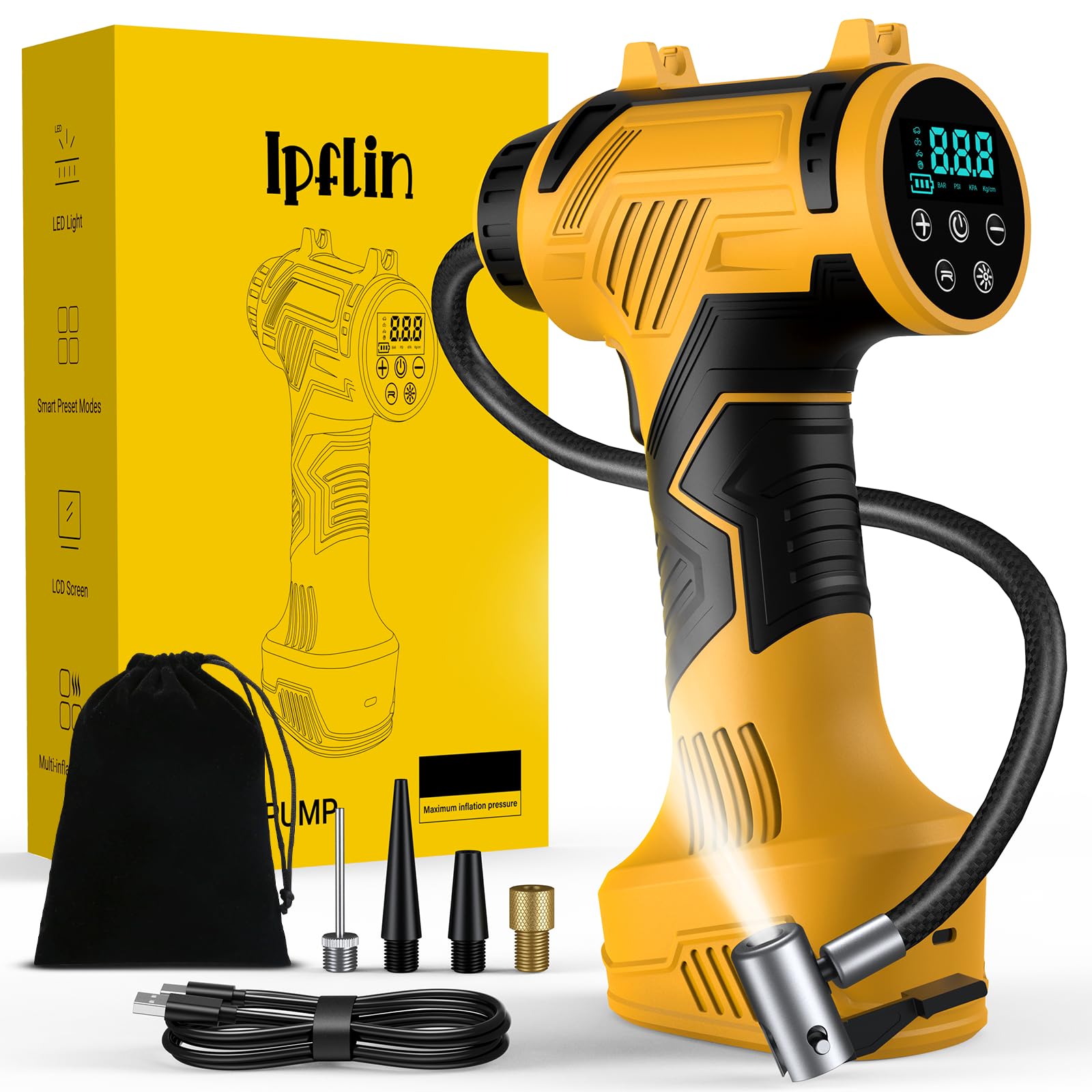 Ipflin Elektrische Auto Luftpumpe Akku Fahrradpumpe - Tragbare Luftpumpe Fahrrad 150PSI - 22L/min Akku Kompressor mit LED-Anzeige/Licht - 4 Voreingestellte Modi für Auto/Fahrrad/Motorrad/Ball