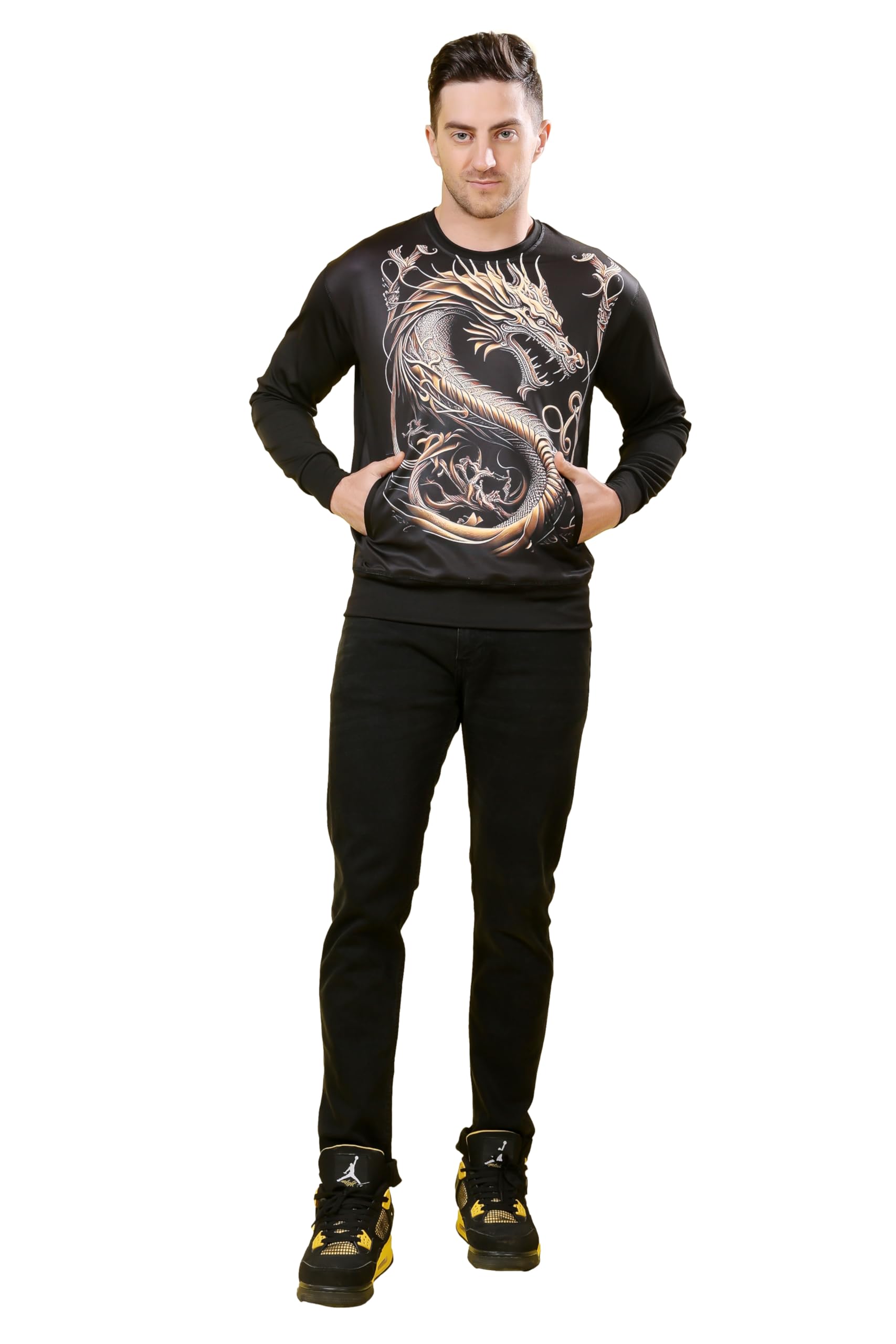Yellow Tree Black Sweatshirt with Golden Dragon Graphic-picture-27