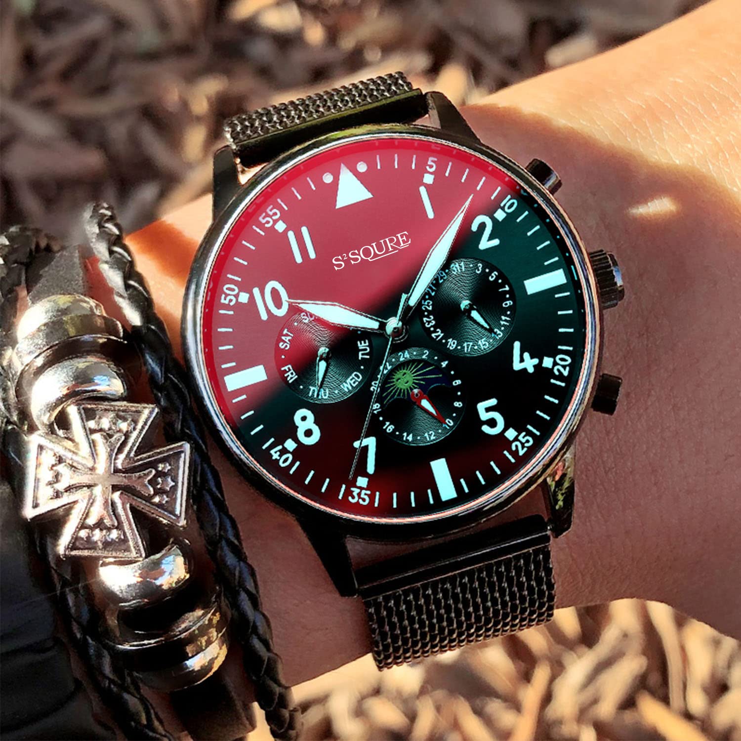 Gute Herrenuhr, automatische mechanische Armbanduhr, schwarz analog, Datum, Edelstahl. S-Armband, Sportuhren, Geschenk