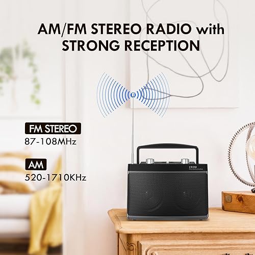 Miniatura 2 de AM FM Radio portátil enchufable de pared o batería para el hogar y al aire libre, fuerte recepción y sonido estéreo, fácil de usar, conector de Negro