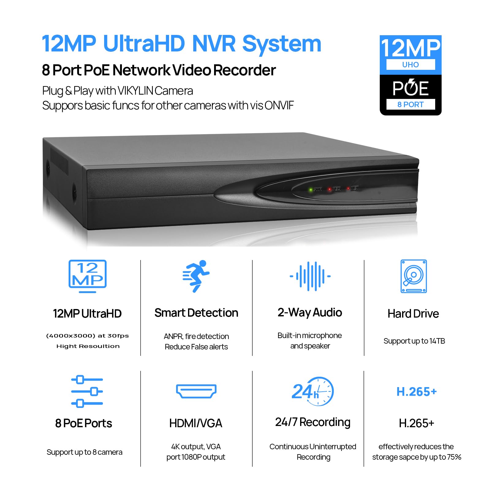 VIKYLIN 8 Kanal PoE NVR Rekorder, 4K Netzwerk Videorekorder für IP Kamera Überwachungssystem, Unterstützt bis zu 12MP Kameras, H. 265+ Kompression, HDMI 4K Ausgabe, 24/7 Aufnahme, bis 14TB, PG108H-8P