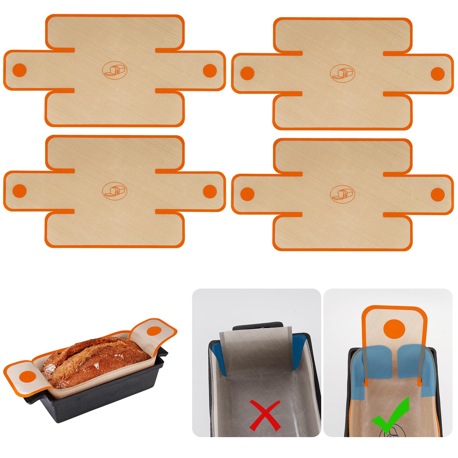 NiHome 4-Pack Silicone Bread Loaf Pan Liners, Reusable and Nonstick Silicone Bread Sling, Fit for 9x5, 9.5x5, and 10x5 Inch Loaf Pans, Dishwasher Safe, Easy to Clean - Brown Base, Orange Edges