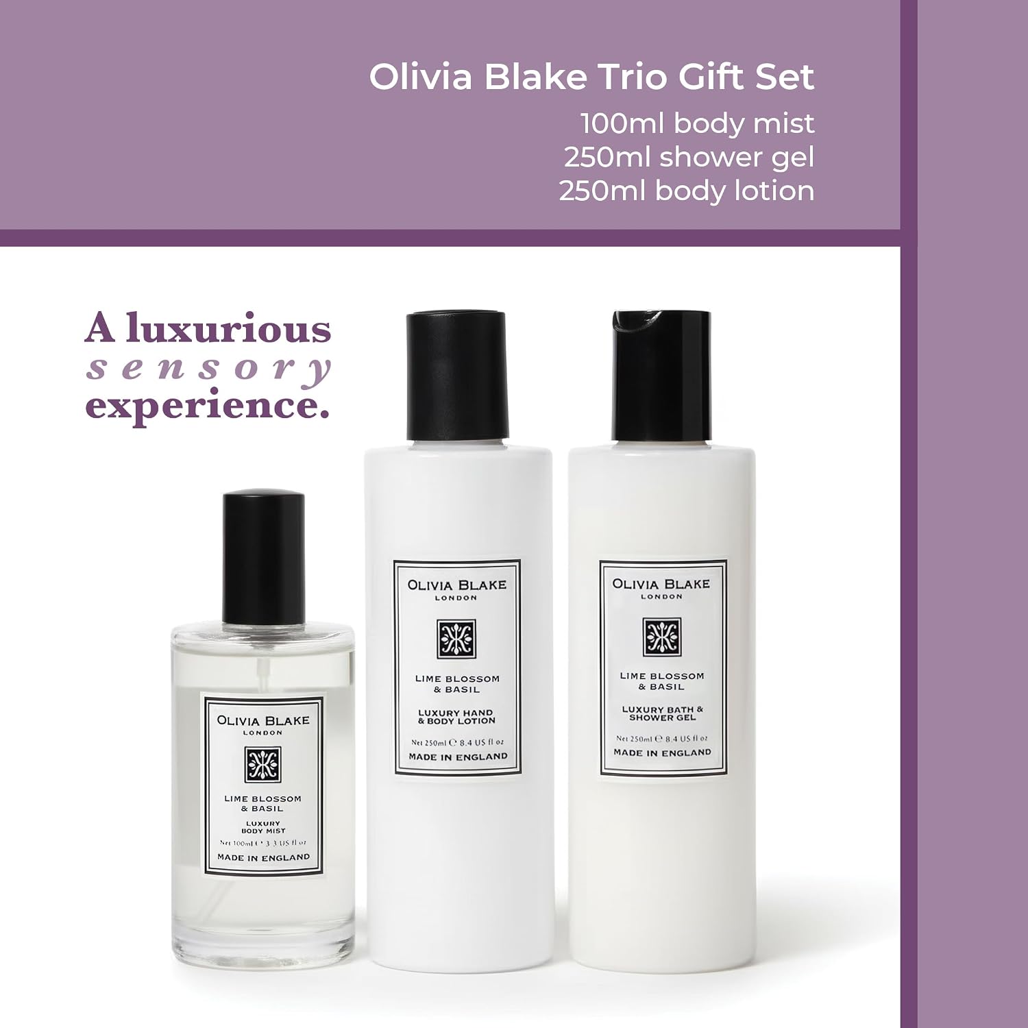 Gift Sets – Luxurious Everyday Essentials for Women, Lime Blossom & Basil Trio Set - 100 ml/3.38 fl oz Body Mist, 250 ml/8.45 fl oz Shower Gel, 250 ml/8.45 fl oz Body Lotion