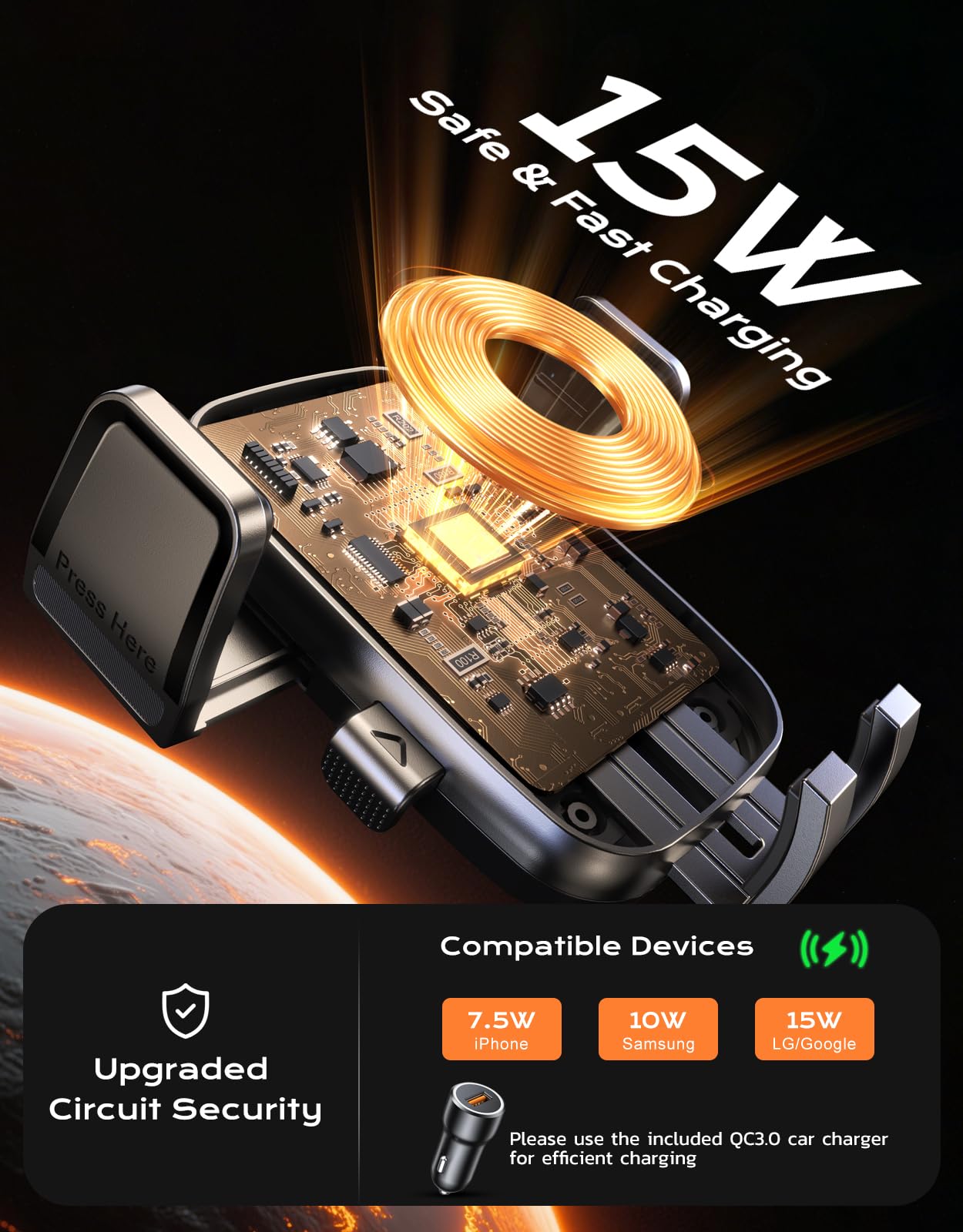 Niweya Wireless Car Charger, [15W Fast Charging] Car Phone Mount with Upgrade Suction, Car Phone Holder Charger for Dashboard Windshield Compatible with iPhone 16/15/14 Pro Max, Galaxy S25/S24 Ultra