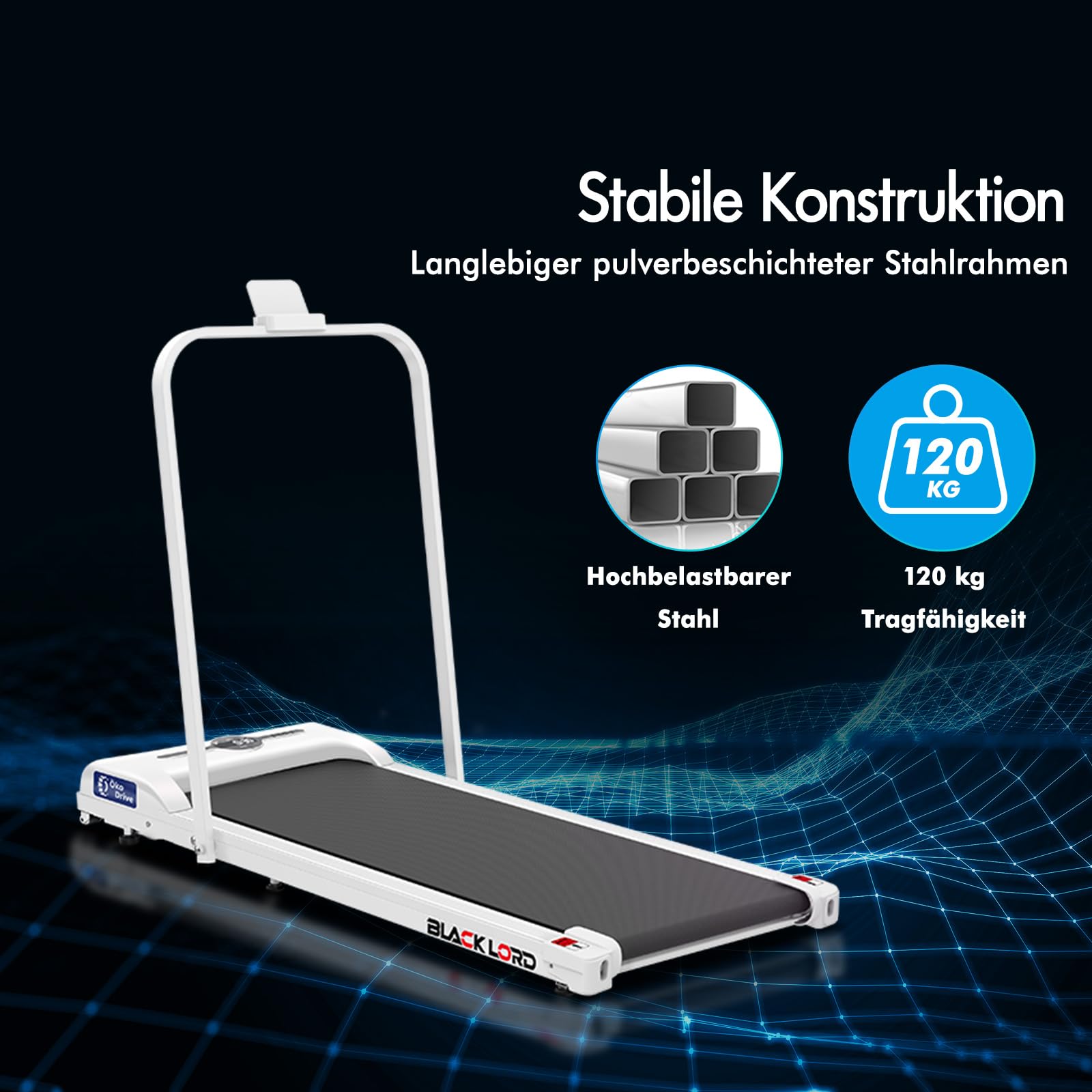 BLACK LORD Laufband, Walking pad 9/12/16 km/h, Laufmattemit/ohne 9% Steigung, unter dem Schreibtisch,tragbar, leise, LED-Display, App, 120/130/140 kg Belastbarkeit, Zuhause und Büro, 2,2/3,0/3,2 PS