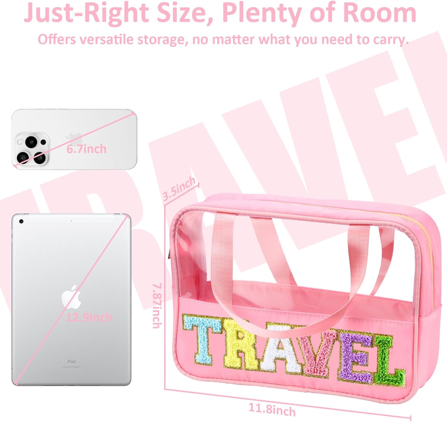 Chenille Letter Patch Clear Travel Bags, Preppy PVC&Nylon Makeup Bag with Handle and Zipper, Waterproof Large Clear Travel Toiletry Bag Storage Bag for Women Girls - Image 2