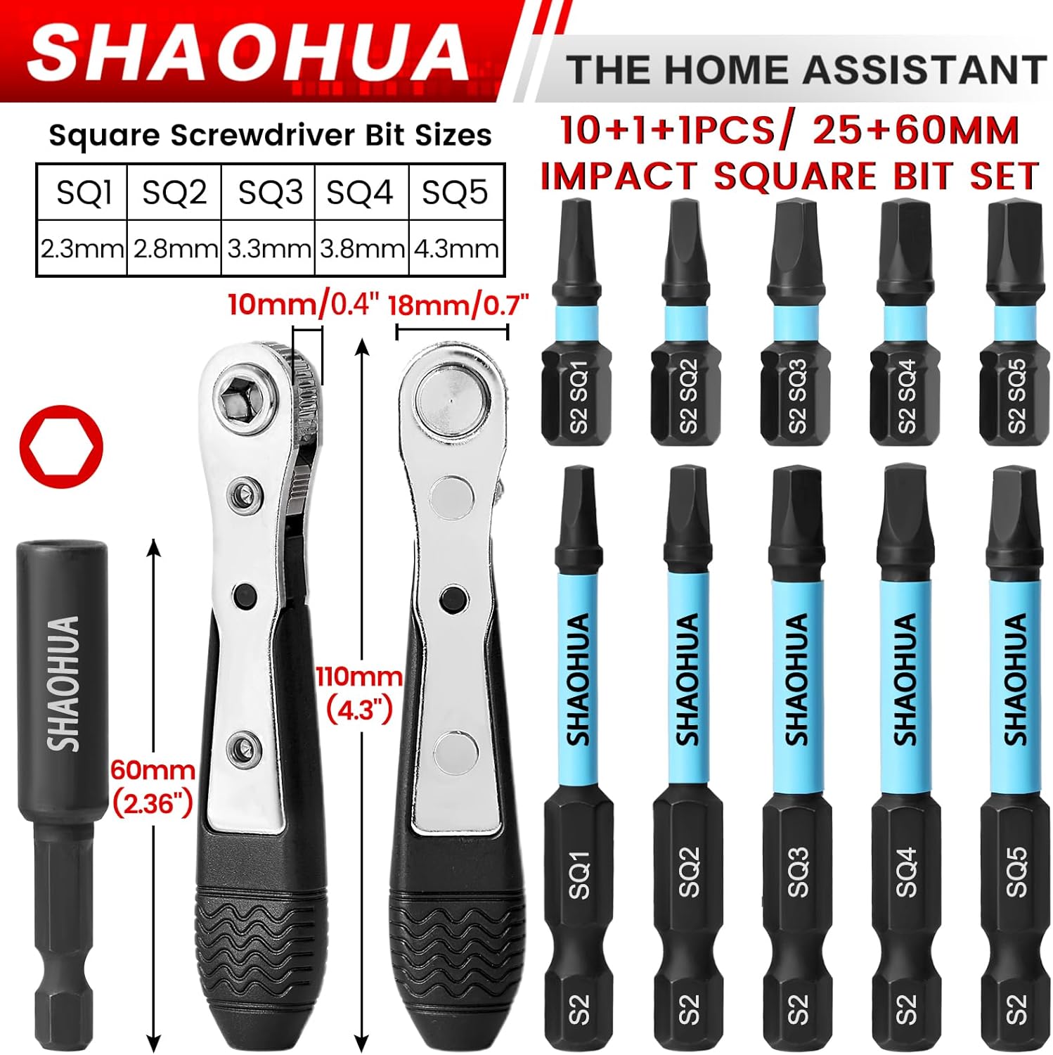 Square Drill Bit with Ratchet Screwdriver, 2.36"&0.98" Magnetic Head Robertson Screwdriver #1,2,3,4 and #5, 1/4" Hex Shank with Extension Bit Holder, for Vehicles, Bicycles, Furniture