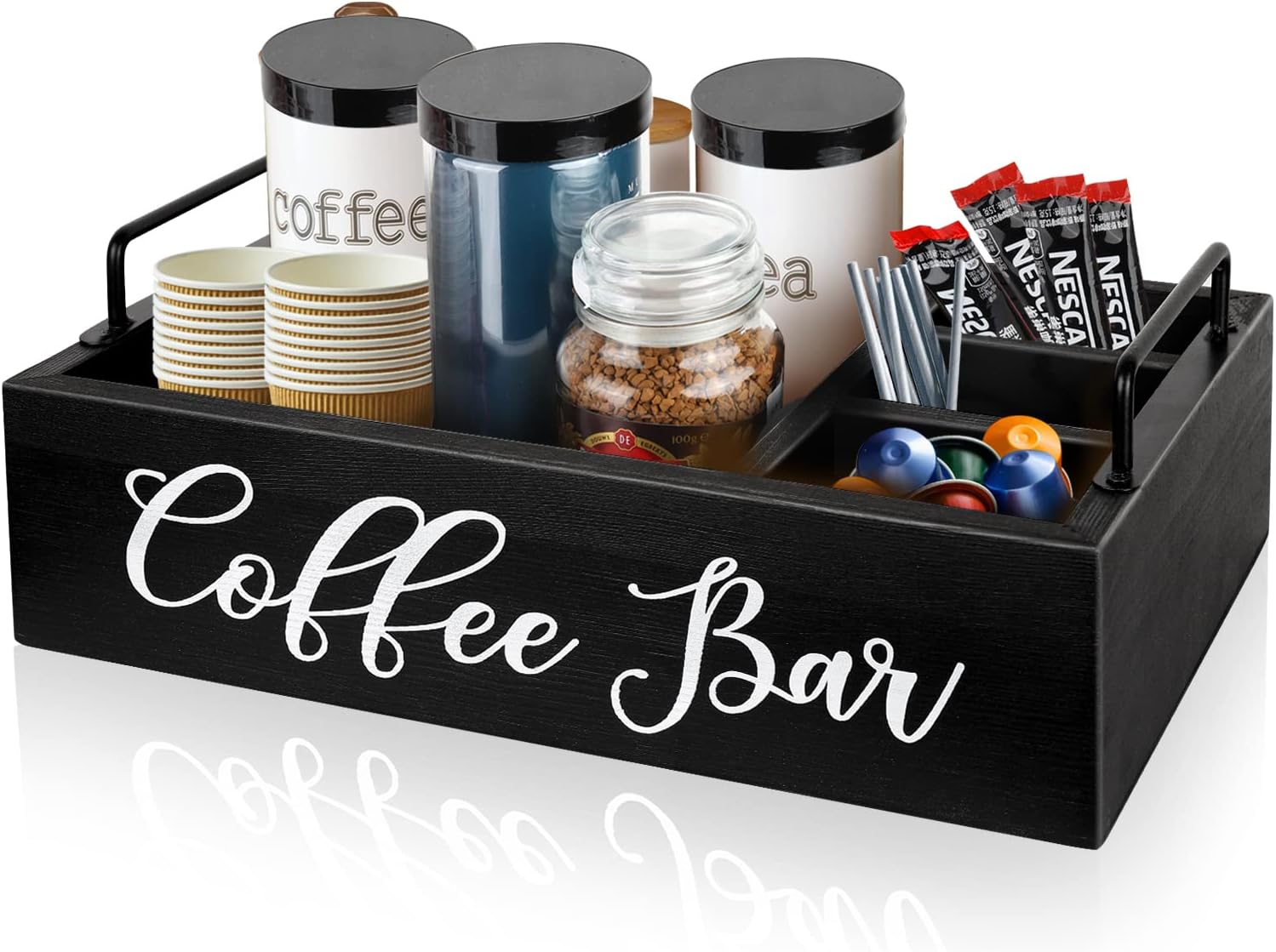 MINCORD Coffee Station Organizer Wooden Coffee Bar Holder Accessories for Countertop, Farmhouse Kcup Pod Storage Basket with Handle - Black
