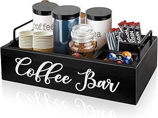 Coffee Station Organizer Wooden Coffee Bar Holder Accessories for Countertop, Farmhouse Kcup Pod Storage Basket with Handle - Black