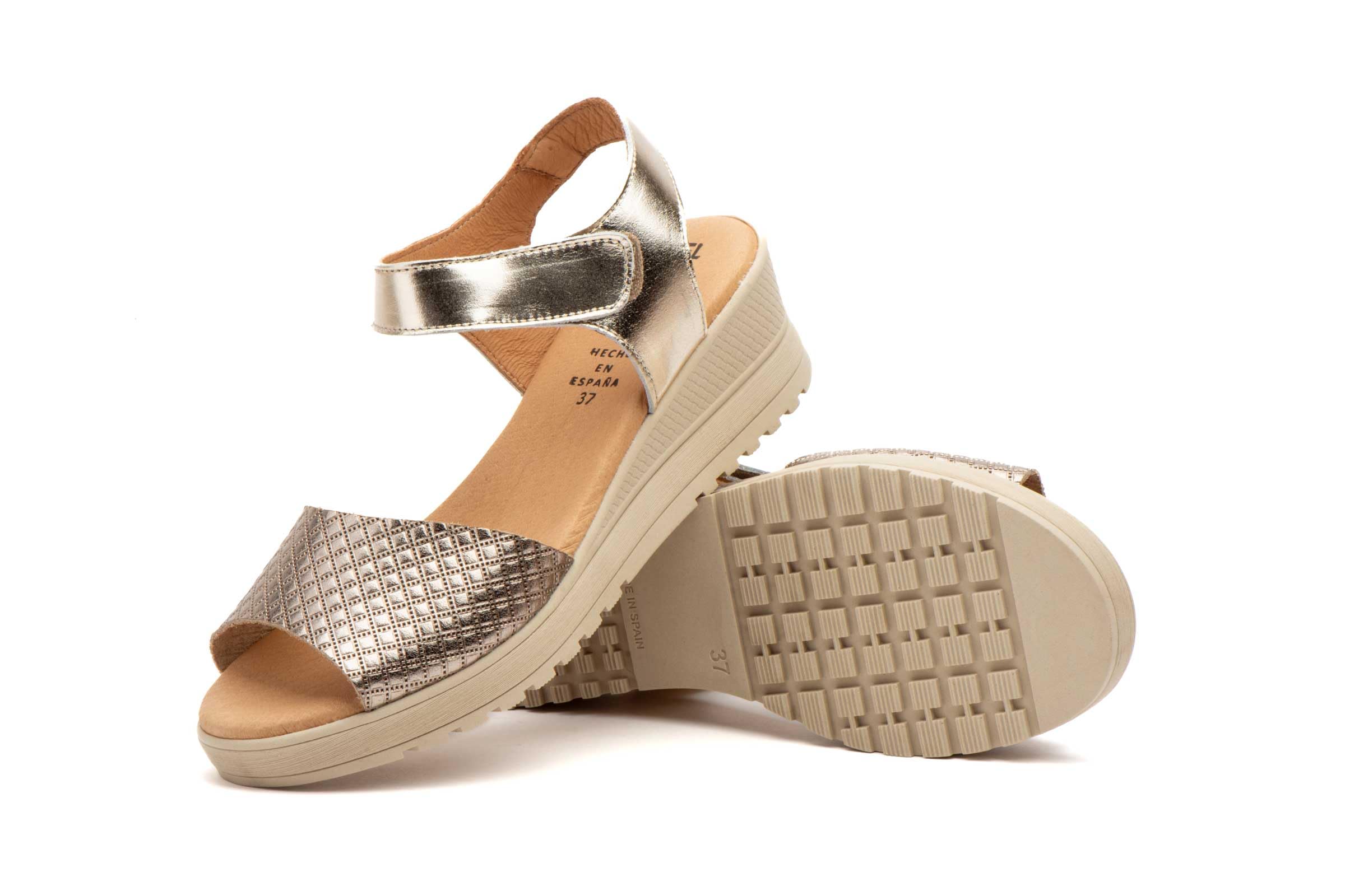 Sandalias de Cuña para Mujer de Piel Auténtica con Cierre de Velcro Verano