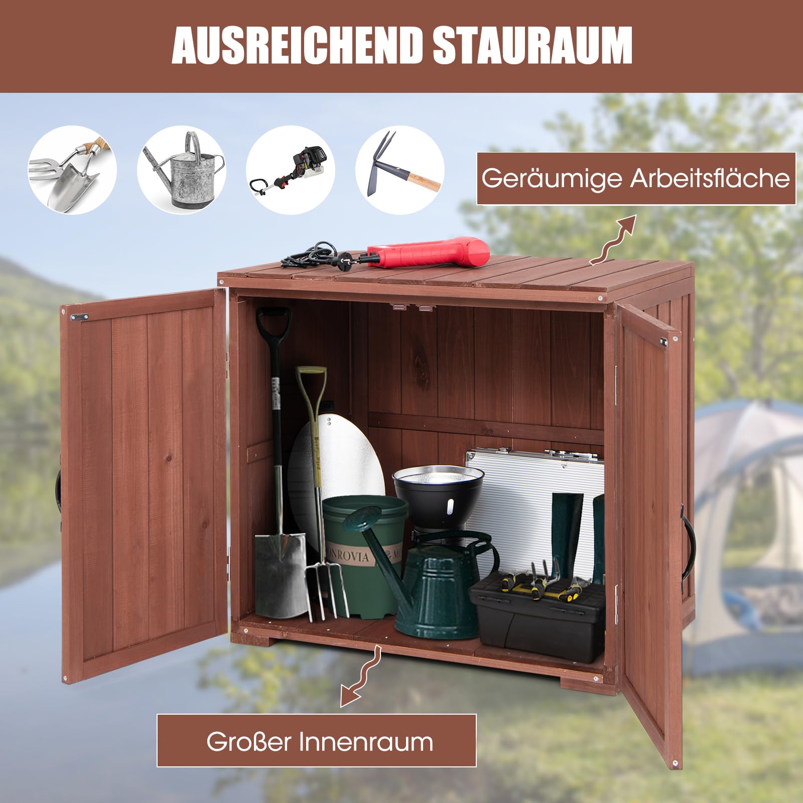 COSTWAY Gartenschrank Holz, Outdoor Schrank 77 x 56 x 72 cm, Geräteschrank mit Doppeltüren & Griffen, Gerätehaus Geräteschuppen Garten, Balkonschrank Terrassenschrank, Braun