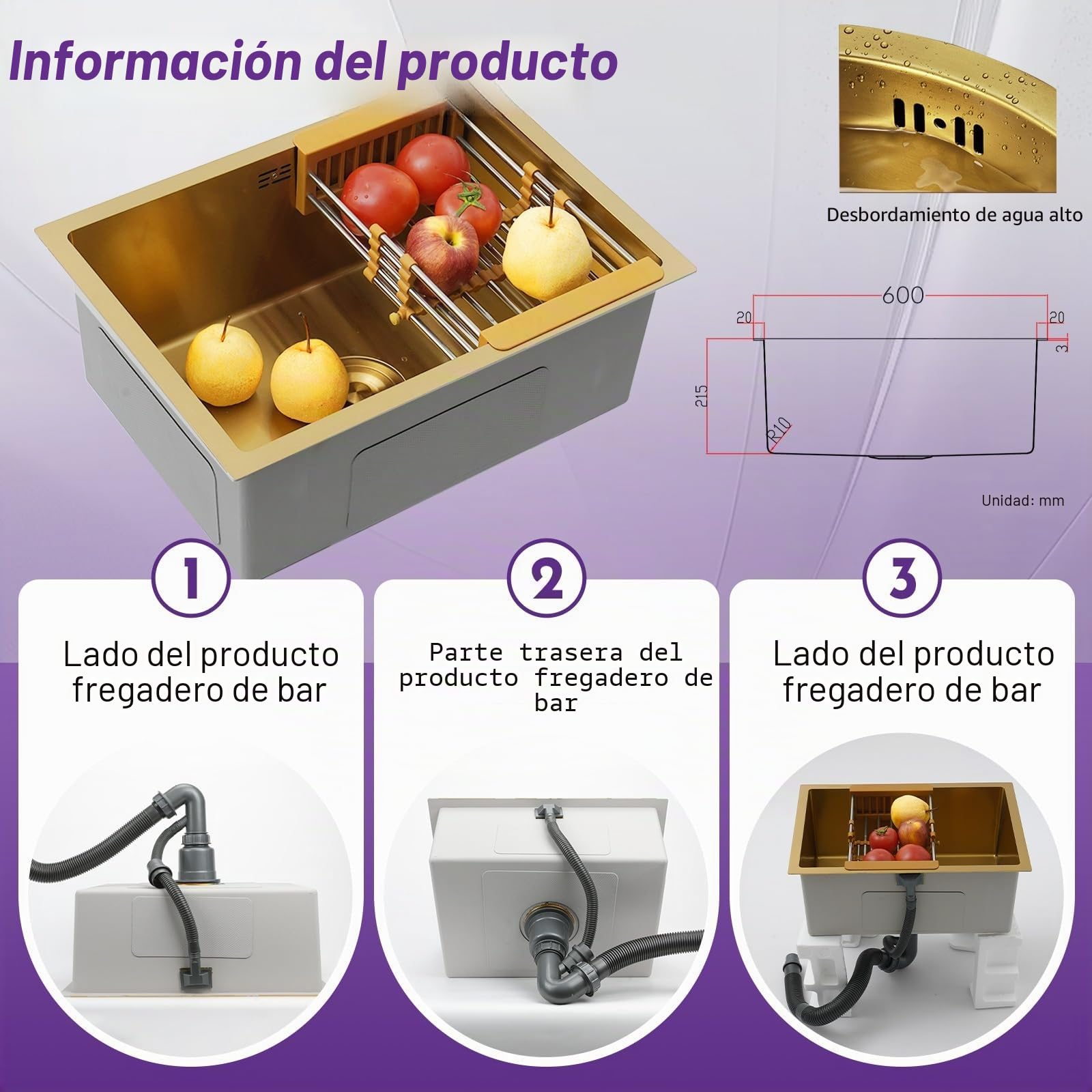 60x40cm Fregadero De Cocina De Acero Inoxidable oro, Un Seno Con Grifo, Fregadero Bajo Encimera o Sobre Encimera, Con Sifón Y Filtro De Drenaje, con Sifón, Dispensador de Jabón y Juego de Desagüe