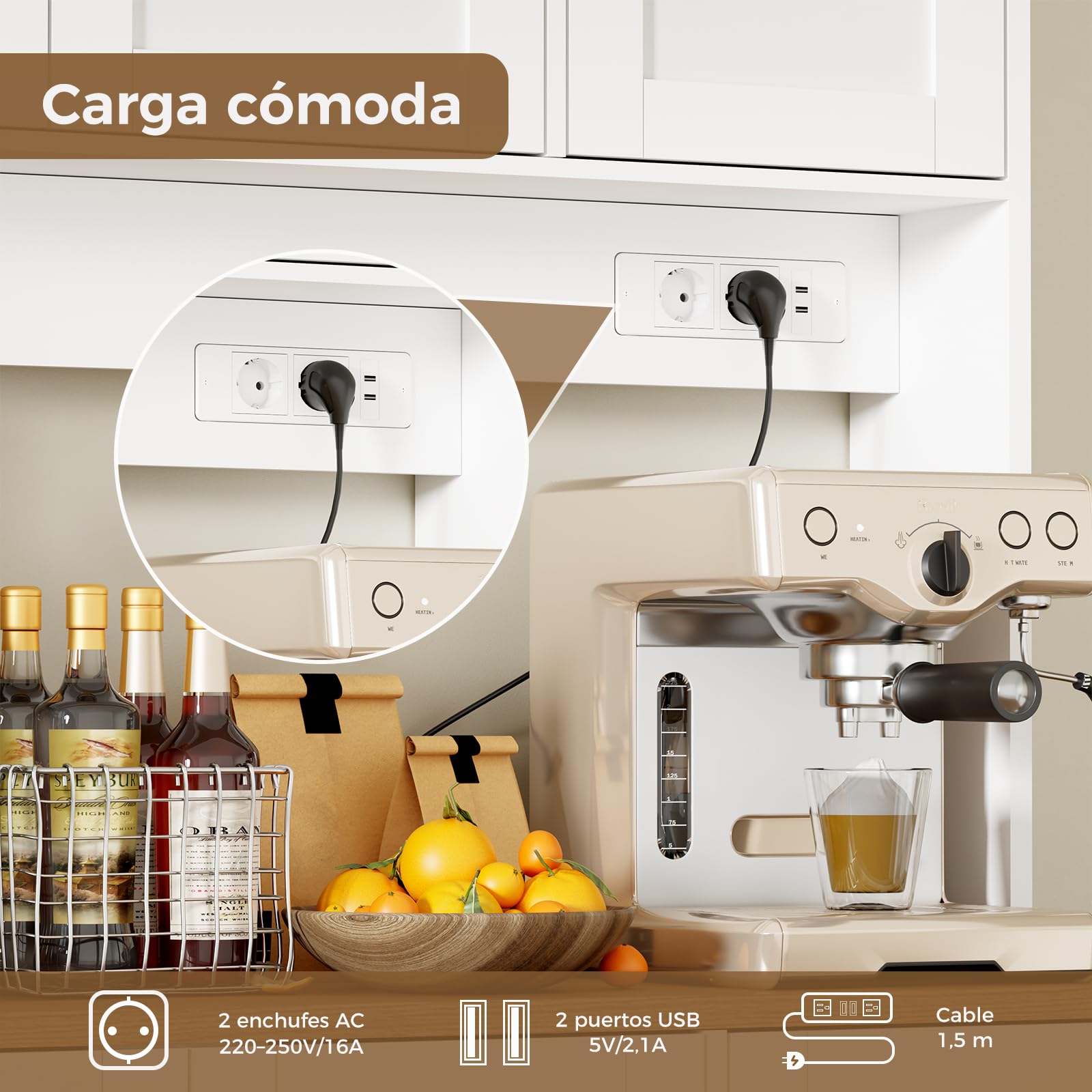 BEWISHOME Alacena de Cocina, Mueble Cocina Auxiliar con LED y Enchufes USB, Armario Cocina Alto con 5 Puertas y 3 Cajones, Estantes Regulables, para Cocina, Comedor o Salón, 100x40x180 cm, Blanco