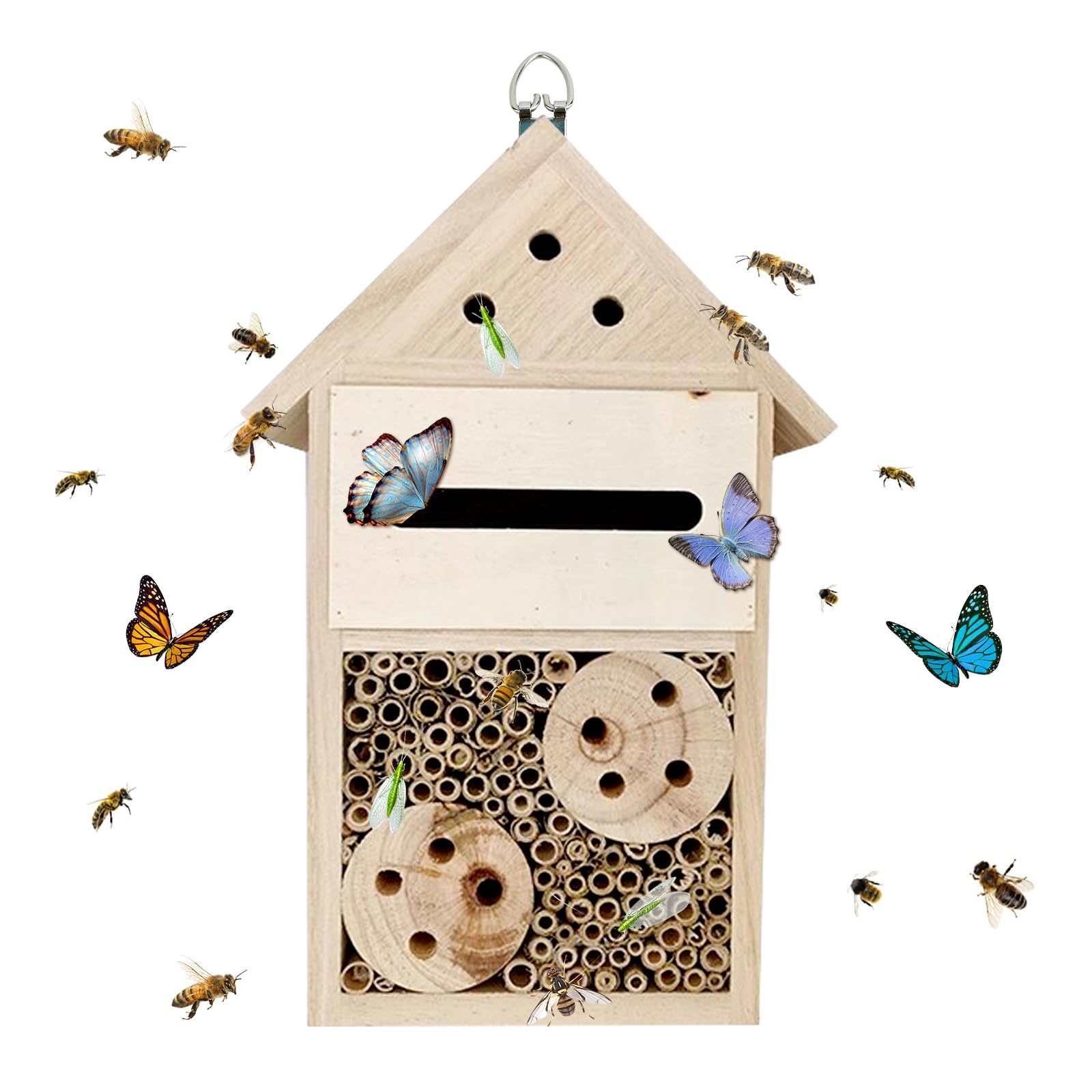 Insektenhaus aus natürlichem Holz, wetterfest, Insektenhotel für Gärten, Marienkäfer, Florfliegen, Schmetterling, Mauerbienen, Einzelgänger, Laubschneider und viele andere nützliche