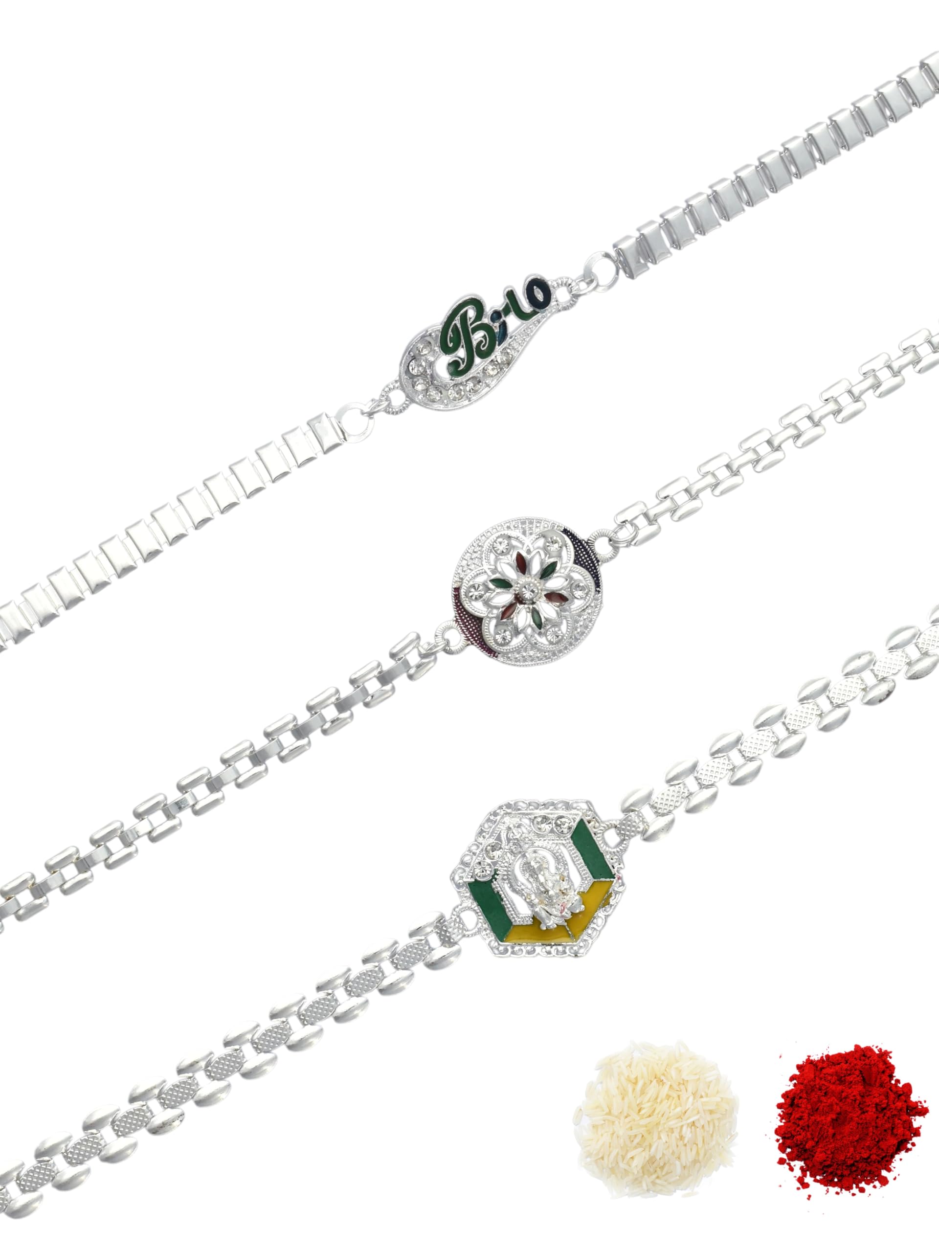 Premium Multi-coloured Minakari Finish Silver-Plated Combo of 3 Bracelet Type Chain Stylish Rakhi for Raksha Bandhan for Brother, Bhai, Bhaiya, with Roli Chawal and Greeting Card-64-image-46
