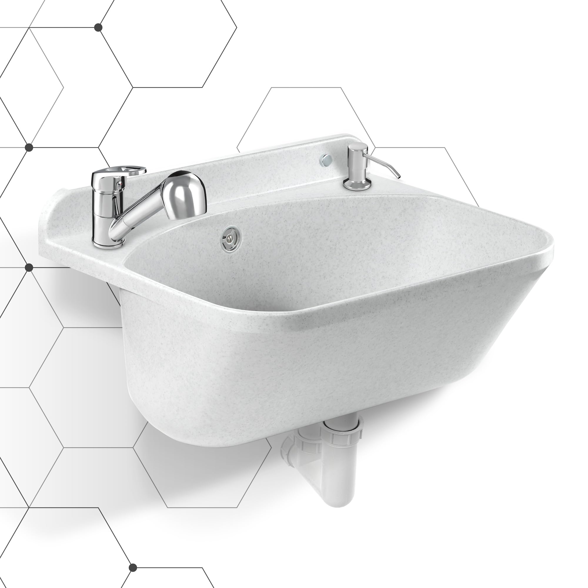 GOSPO Fregadero con grifo extensible, dispensador de jabón, sifón, lavabo, 46 x 36 x 20 cm, para garaje, sótano, lavabo, lavabo de pared, en placa, fregadero, incluye accesorios (blanco)