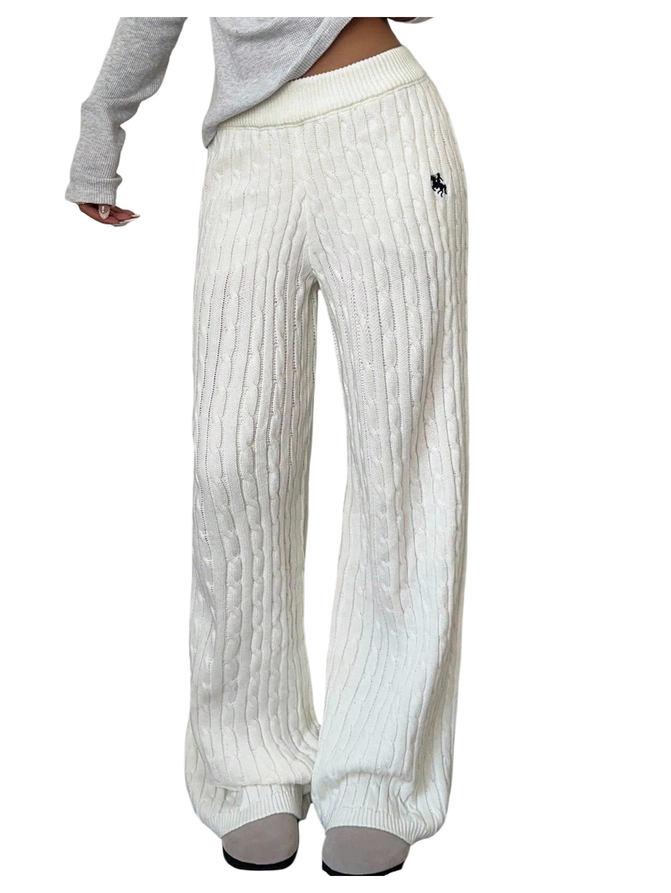 Verdusa Womens Old Money Clothes Embroidery Cable Knit Sweater Pants Streetwear Wide Leg Trousers