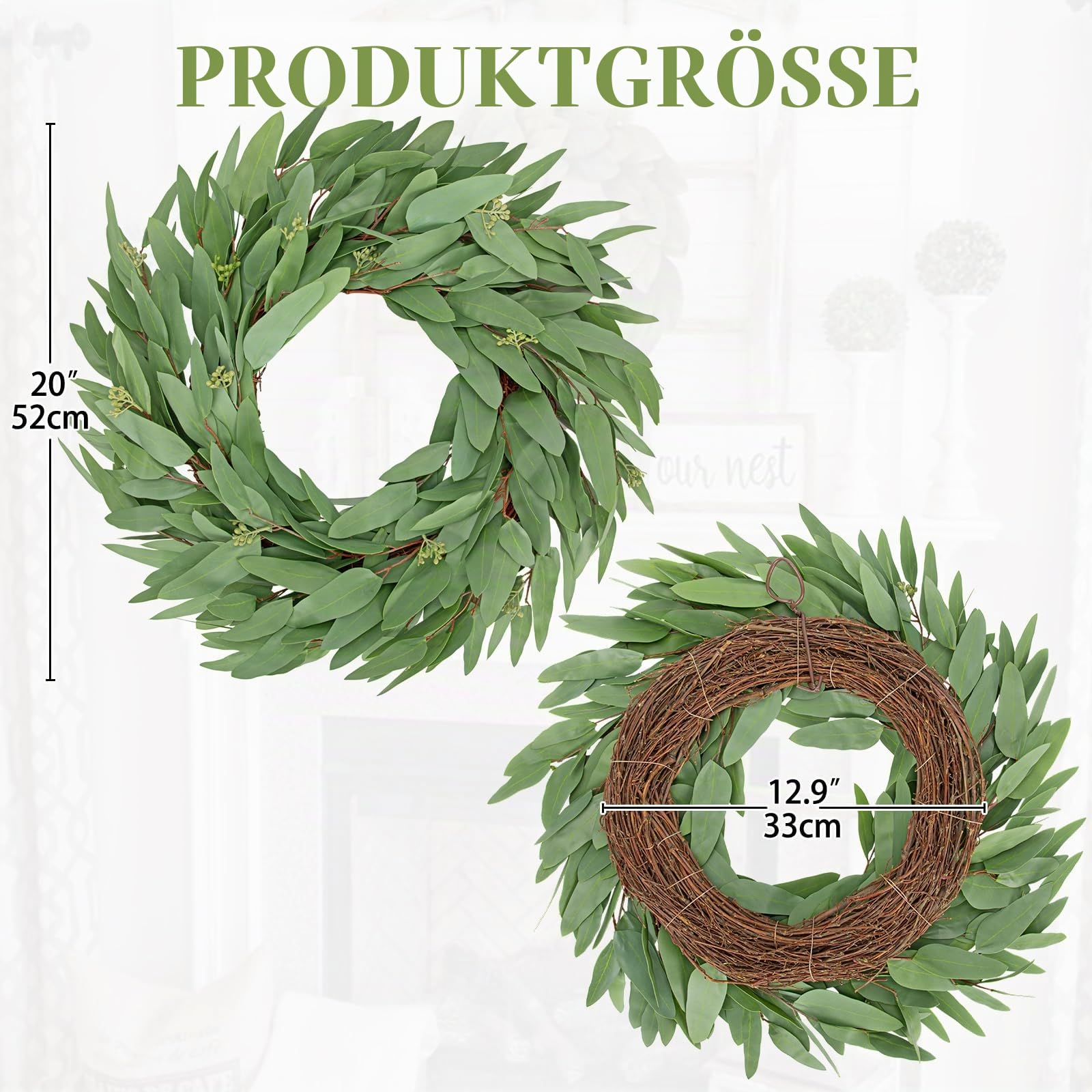 Briful Künstlicher Eukalyptuskranz 50 cm – Türkranz Eukalyptus Ganzjährig – Dekokranz für Haustür, Wand, Fenster, Tisch – Herbstkranz, Frühlingskranz, Hochzeitsdeko, Weihnachtskranz