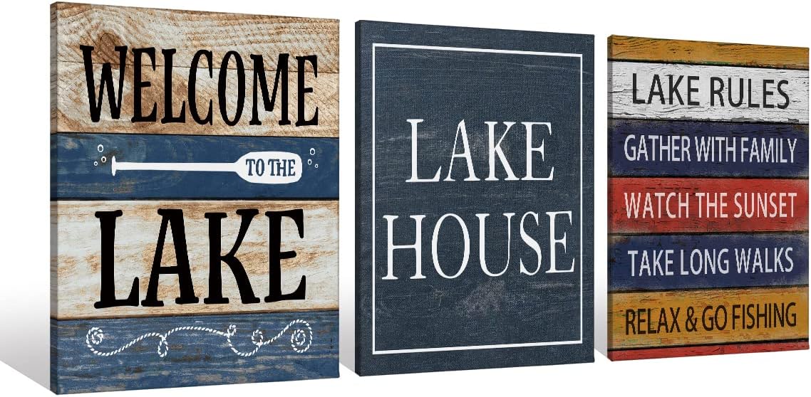 Welcome To The Lake Paddle Lake Rules Canvas Wall Art Prints Artwork Signs Framed for Lake House Porch Wall Decor Home Room Decor,11 X 14 inch Set Of 3,Housewarming Gift,Lake Cabin Canvas Wall Decor