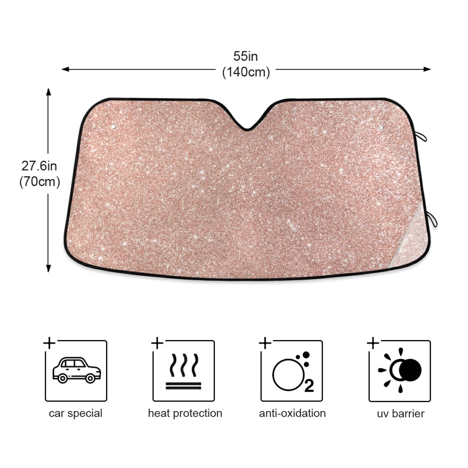 Glitter Rose Gold Car Sun Shield Sparkle Confetti Sun Shade Windshield UV Ray Protection Foldable Sun Visor for Front Window Blocks Automotive Interior Accessories 55 X 27.6 in