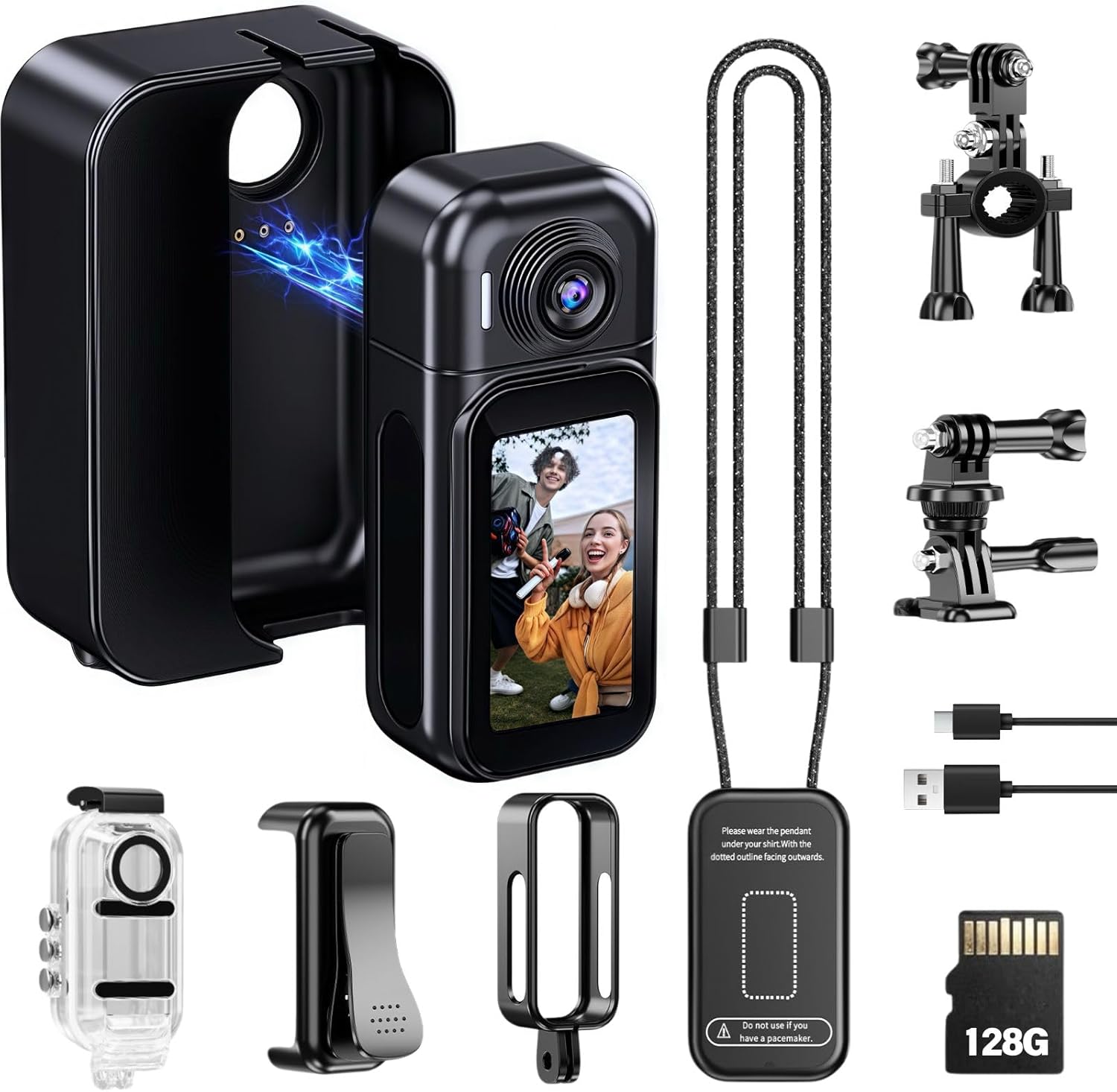 1080P Vlogging Camera with 6-Hour Battery, 180° Rotating Lens Body Camera, 1.47" Screen & WiFi, IP68 Waterproof, 6-in-1 Kit for Travel, Creator, Cycling