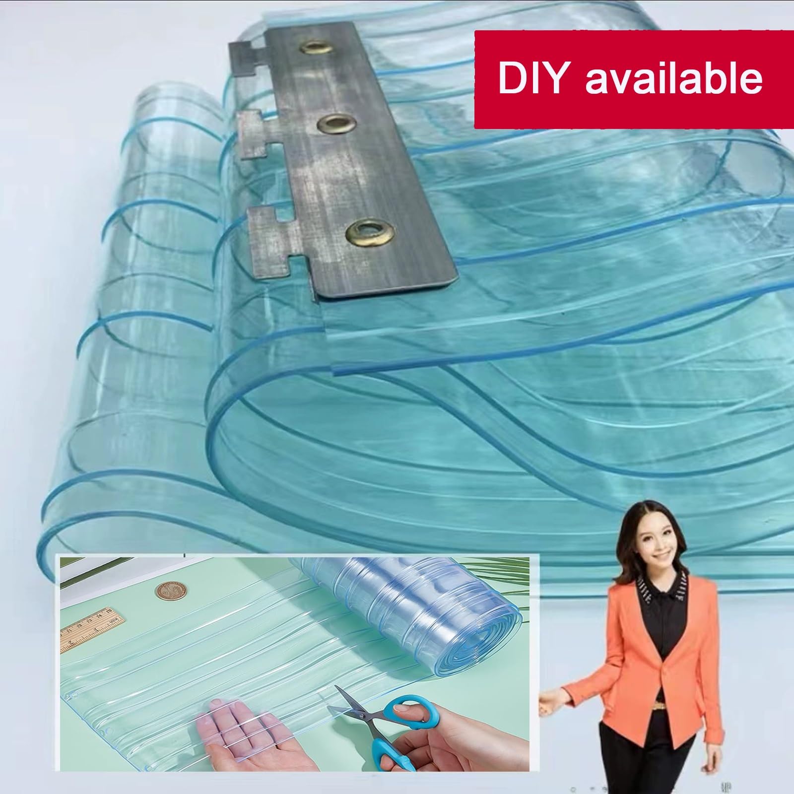 Kit complet de rideau à lamelles en PVC transparent， Rideau industriel à lamelles en PVC transparent， avec Accessoires,Imperméable,Anti-poussière，Coupe-Vent(105x240cm/41.34x94.49in)